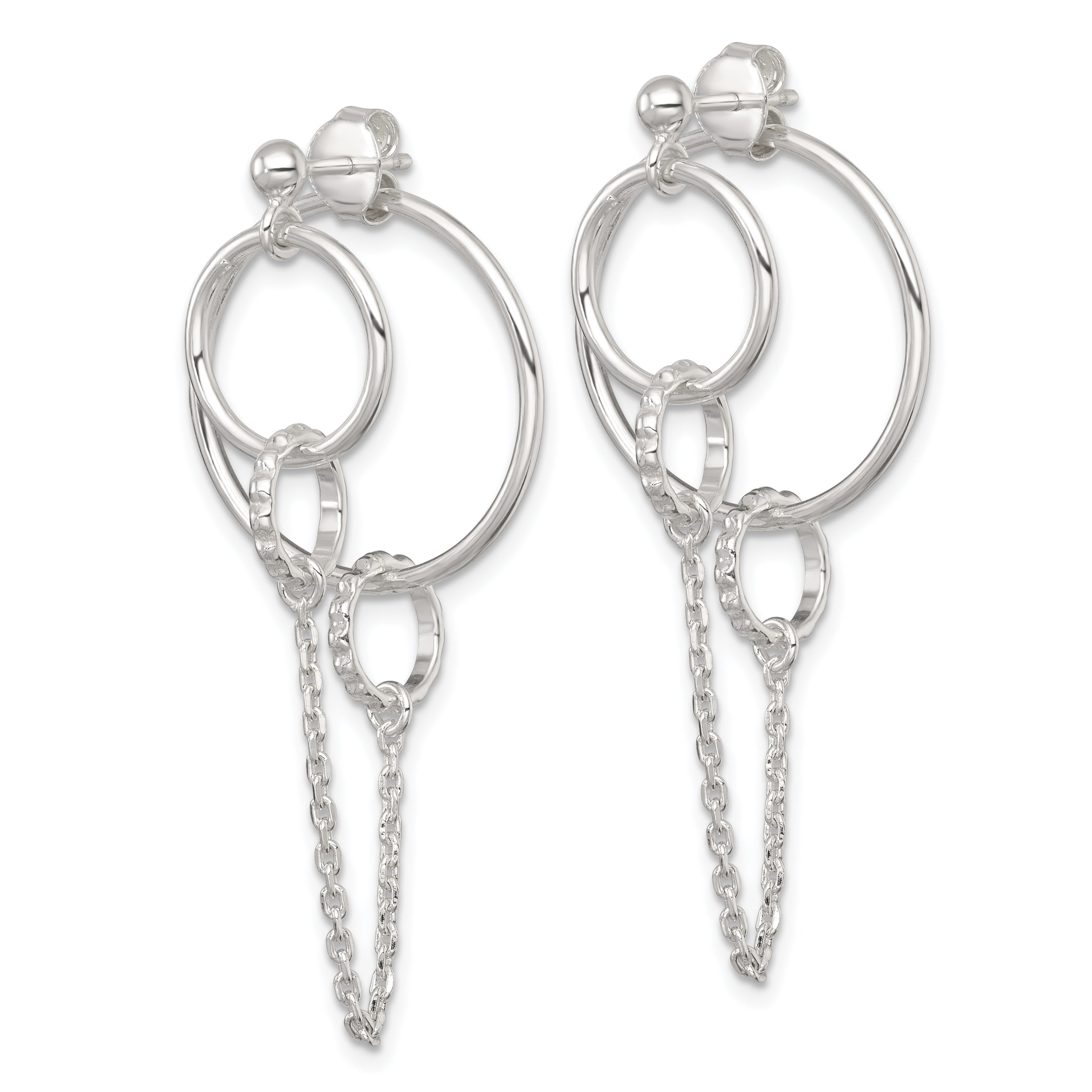 Sterling Silver Polished and Textured Multi Circle and Chain Dangle Post Earrings Secondary image