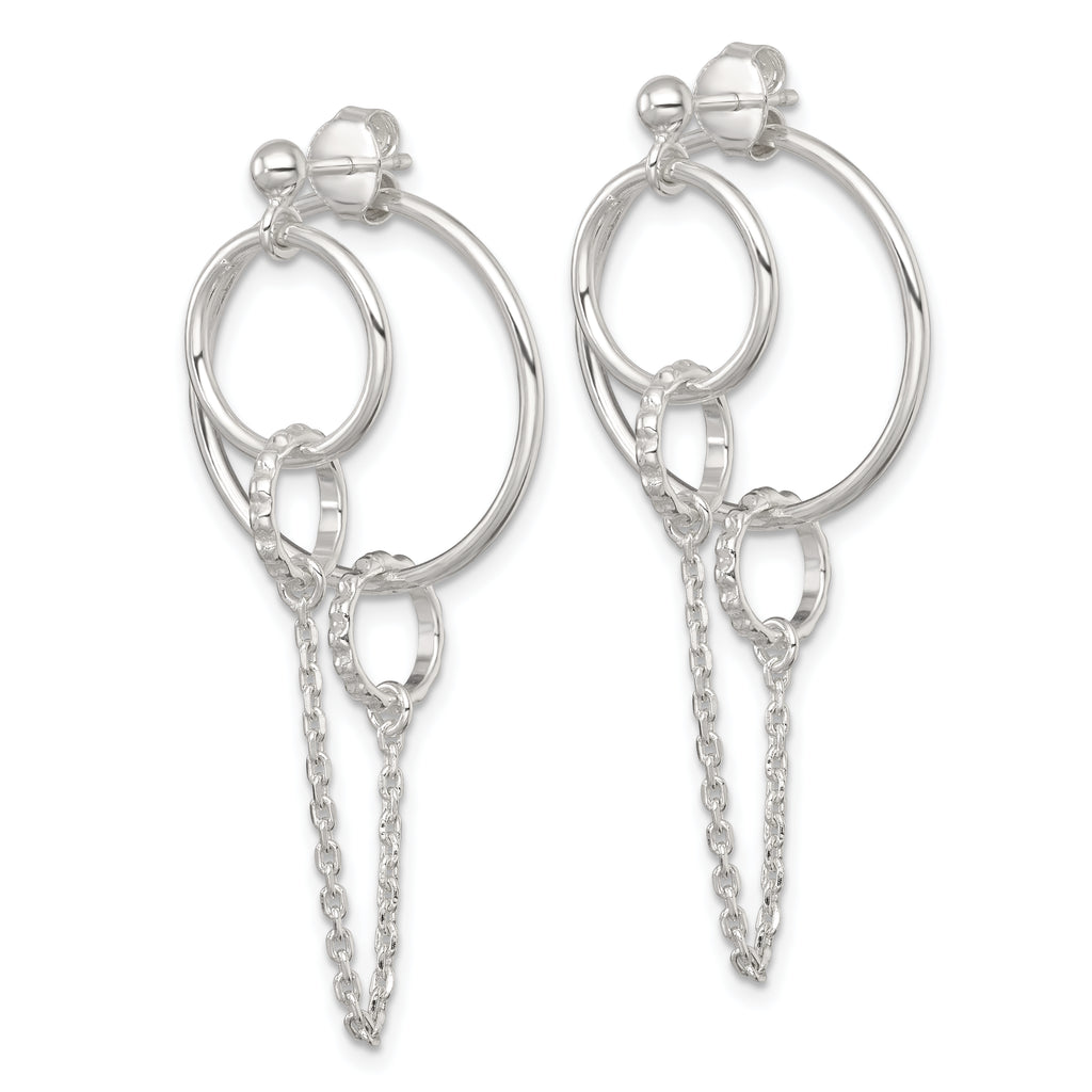Sterling Silver Polished and Textured Multi Circle and Chain Dangle Post Earrings