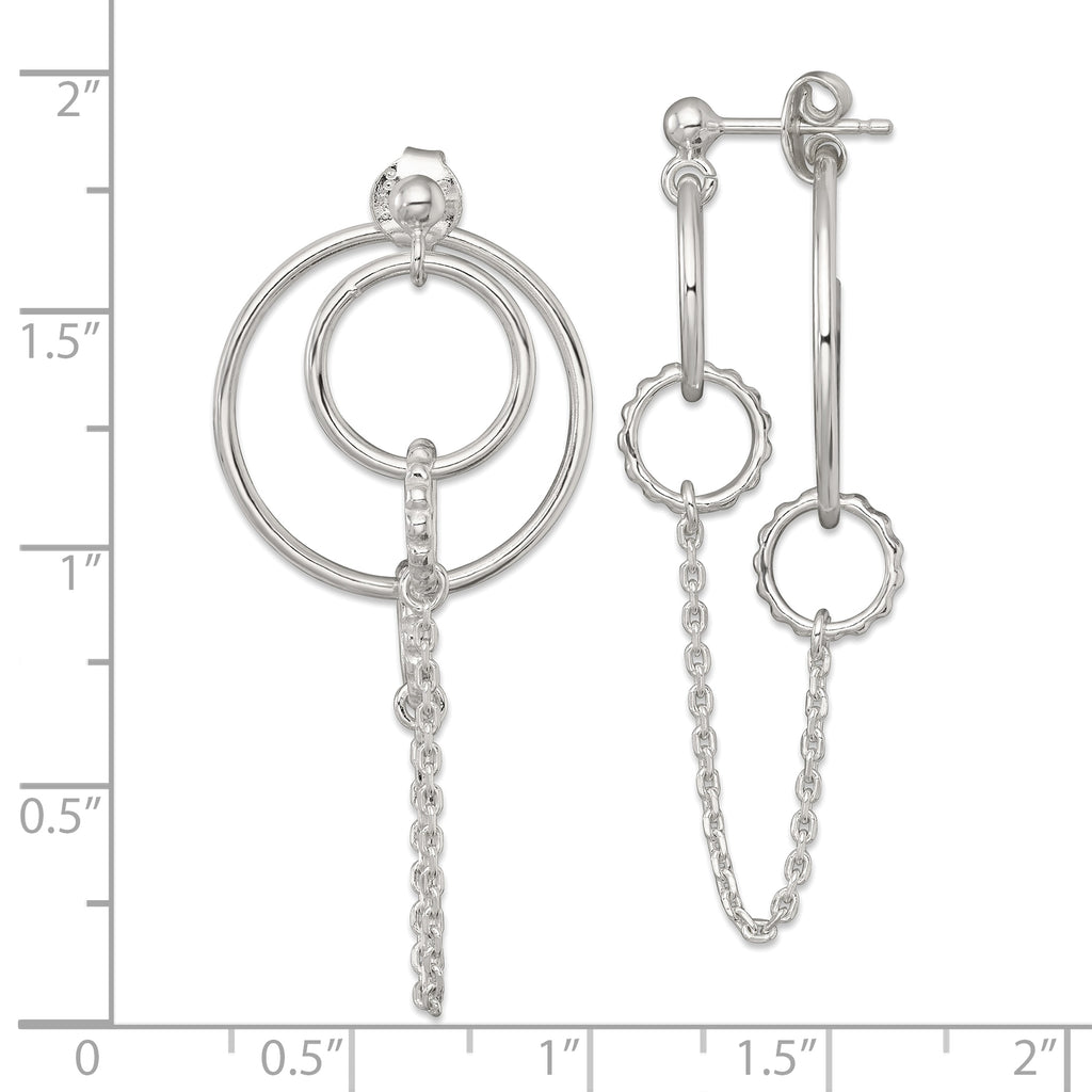 Sterling Silver Polished and Textured Multi Circle and Chain Dangle Post Earrings