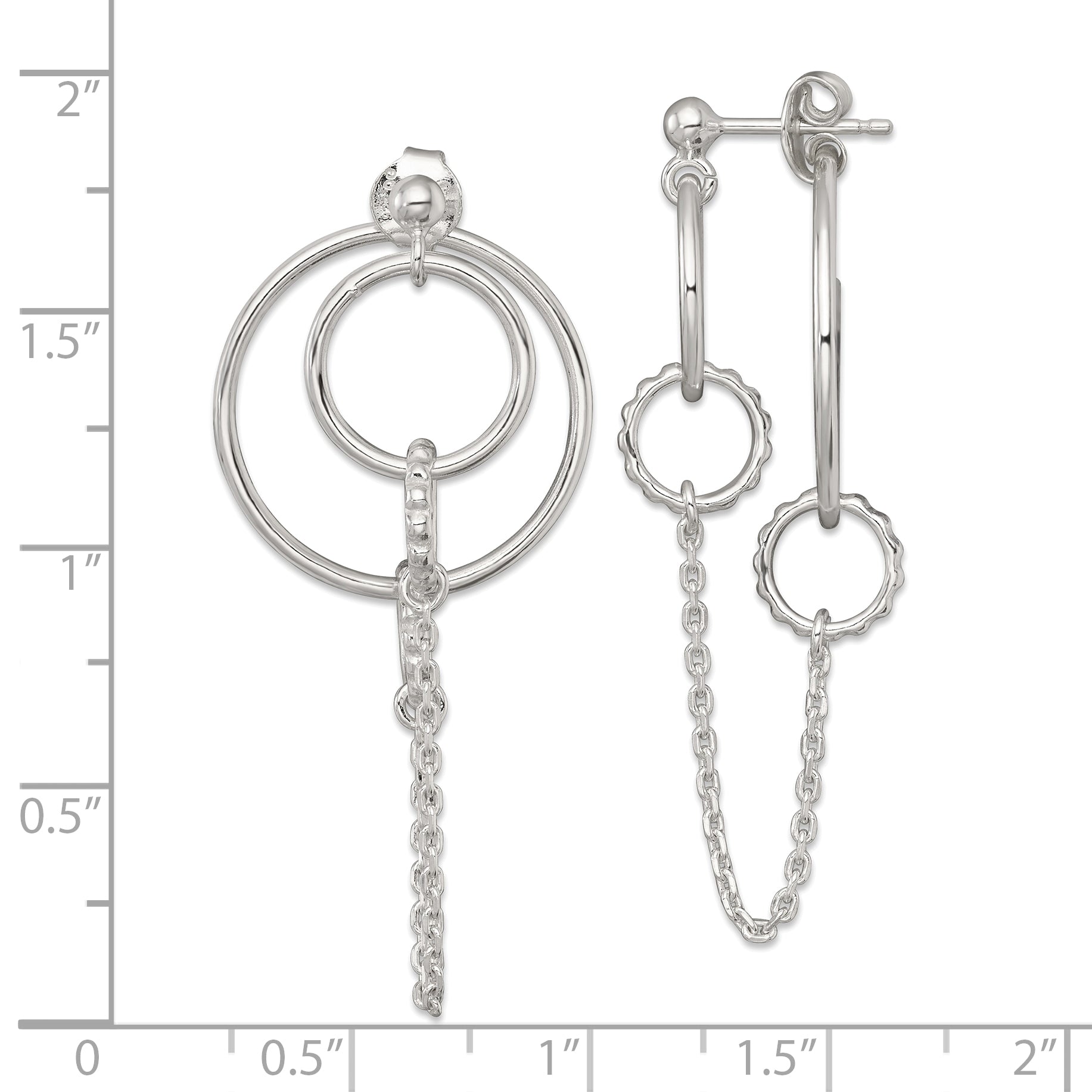 Sterling Silver Polished and Textured Multi Circle and Chain Dangle Post Earrings