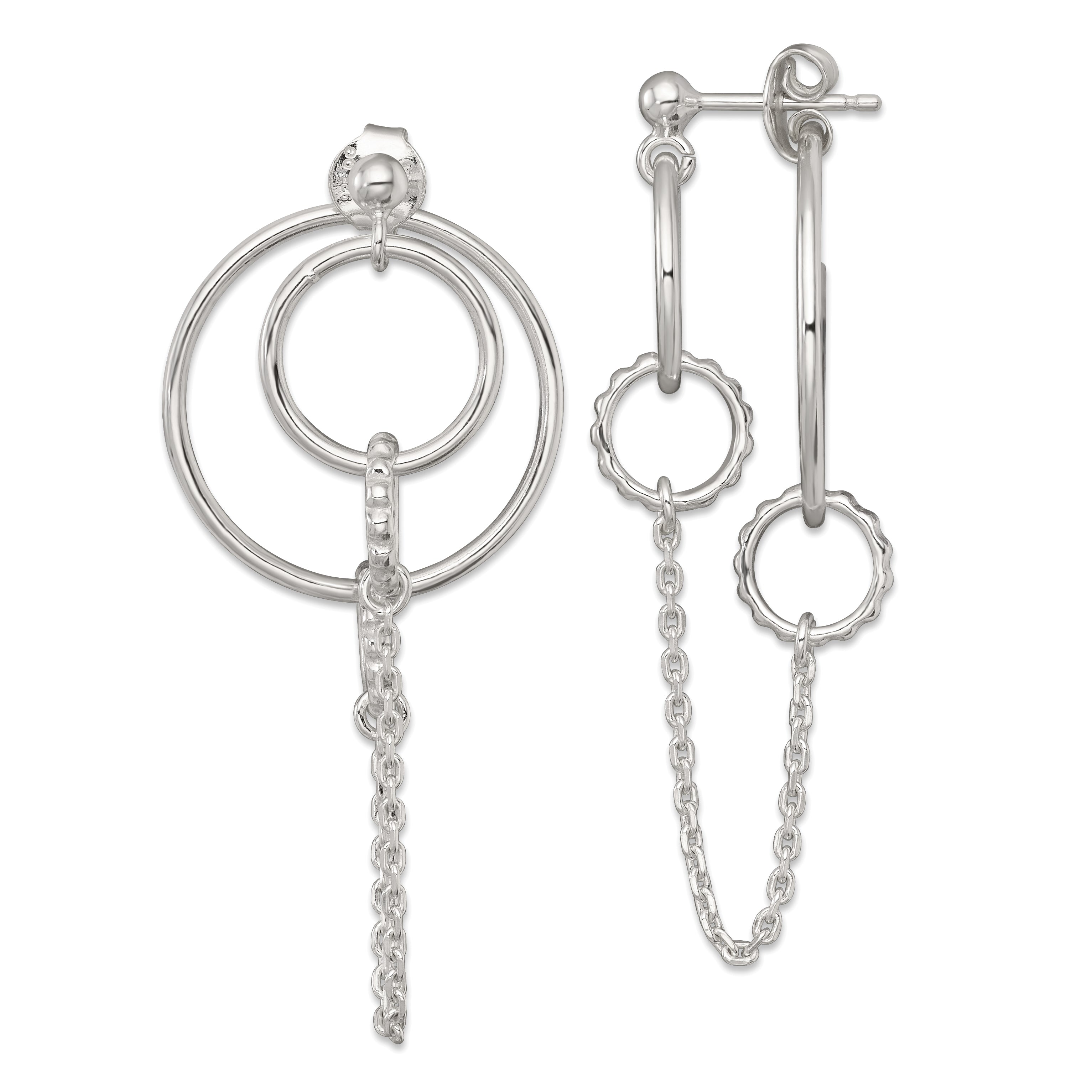 Sterling Silver Polished and Textured Multi Circle and Chain Dangle Post Earrings Main image