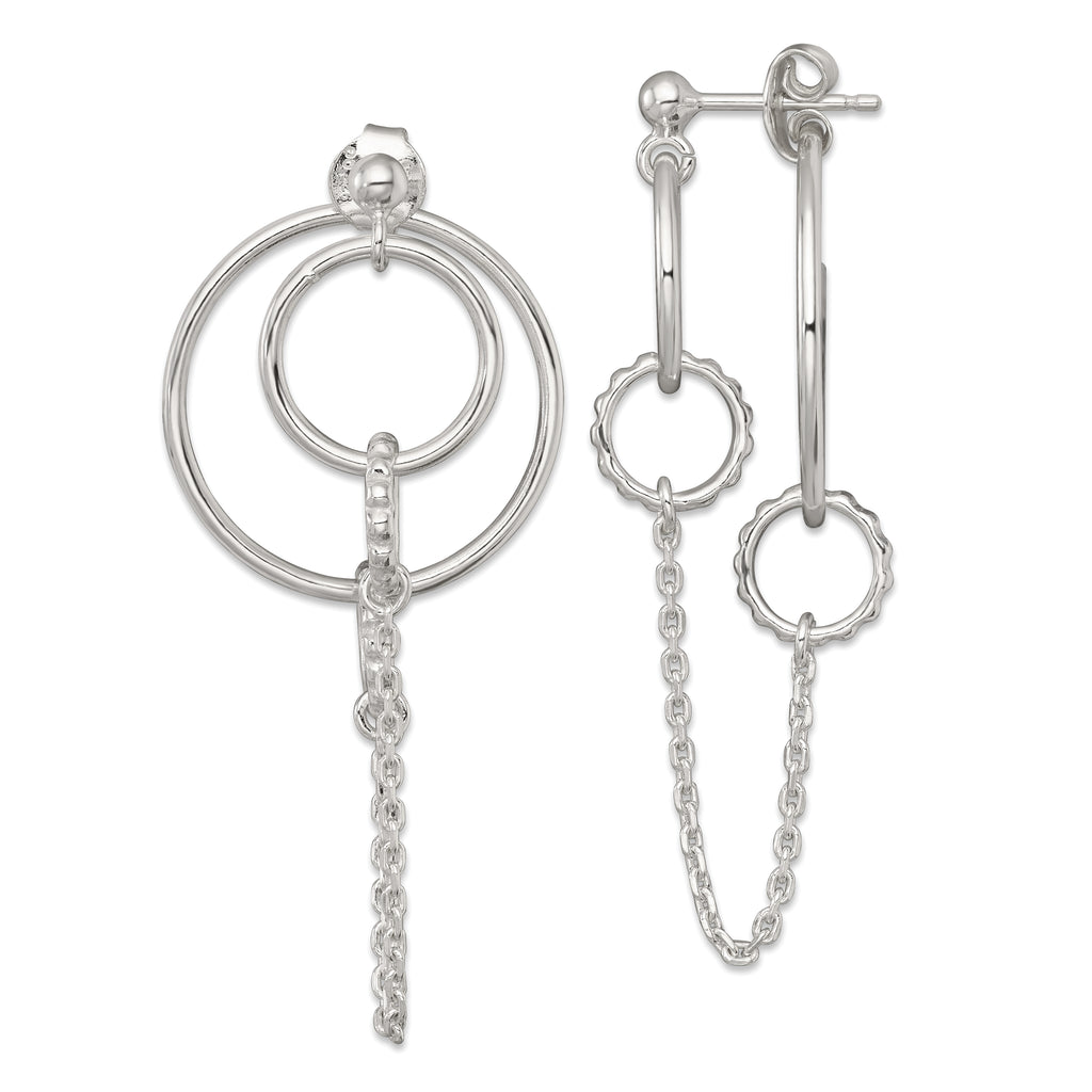 Sterling Silver Polished and Textured Multi Circle and Chain Dangle Post Earrings