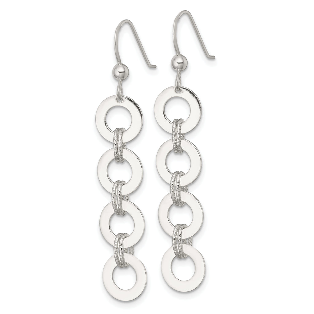Sterling Silver Polished and Textured Four Circles Dangle Shepherd Hook Earrings