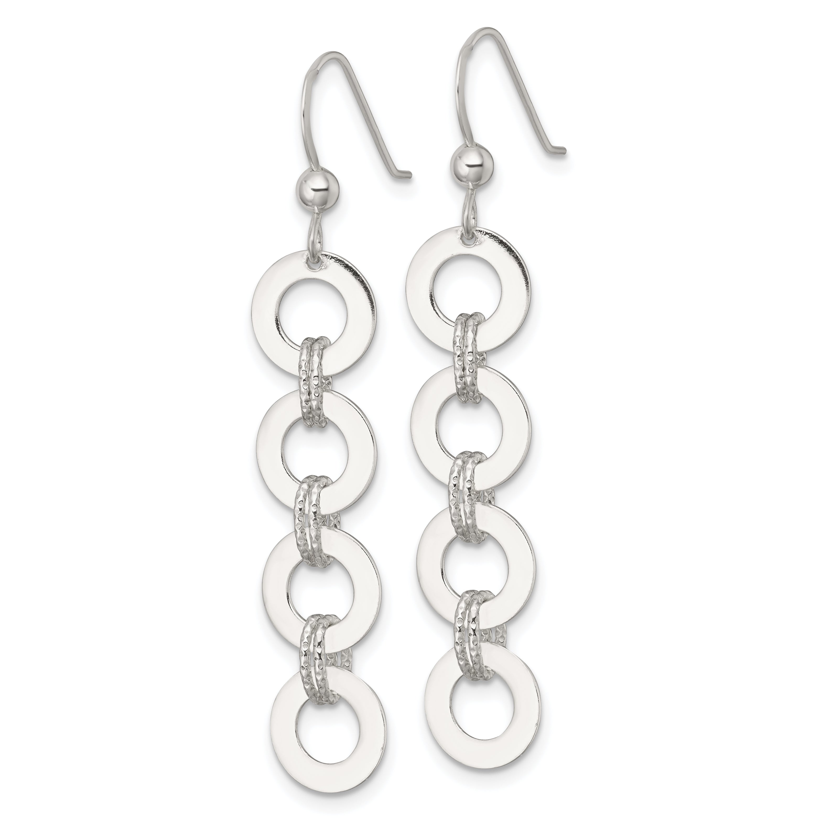 Sterling Silver Polished and Textured Four Circles Dangle Shepherd Hook Earrings