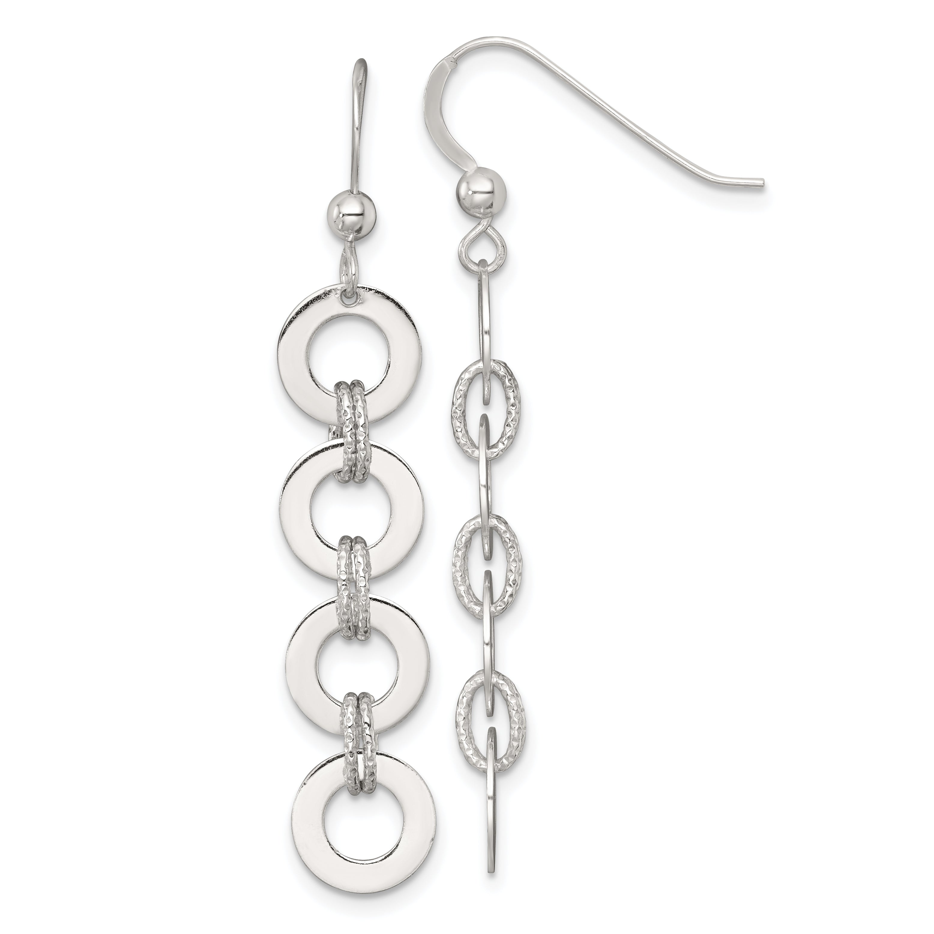 Sterling Silver Polished and Textured Four Circles Dangle Shepherd Hook Earrings