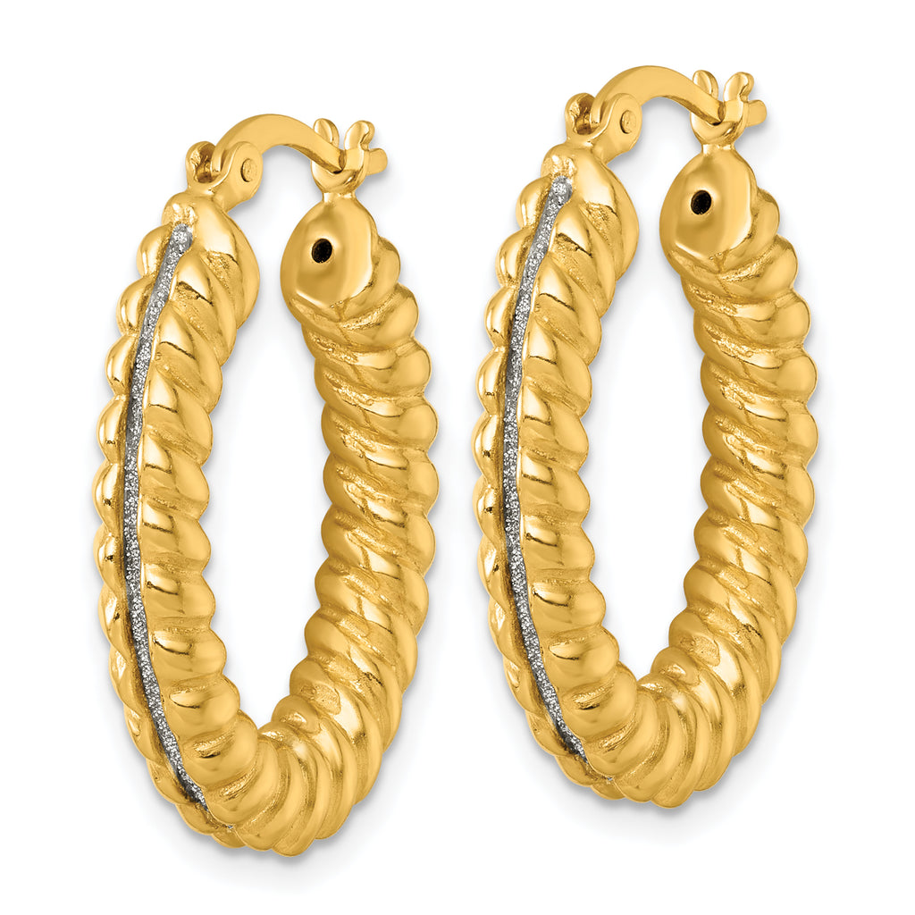 Sterling Silver Gold-tone Polished and Twisted Glitter Oval Hoop Earrings
