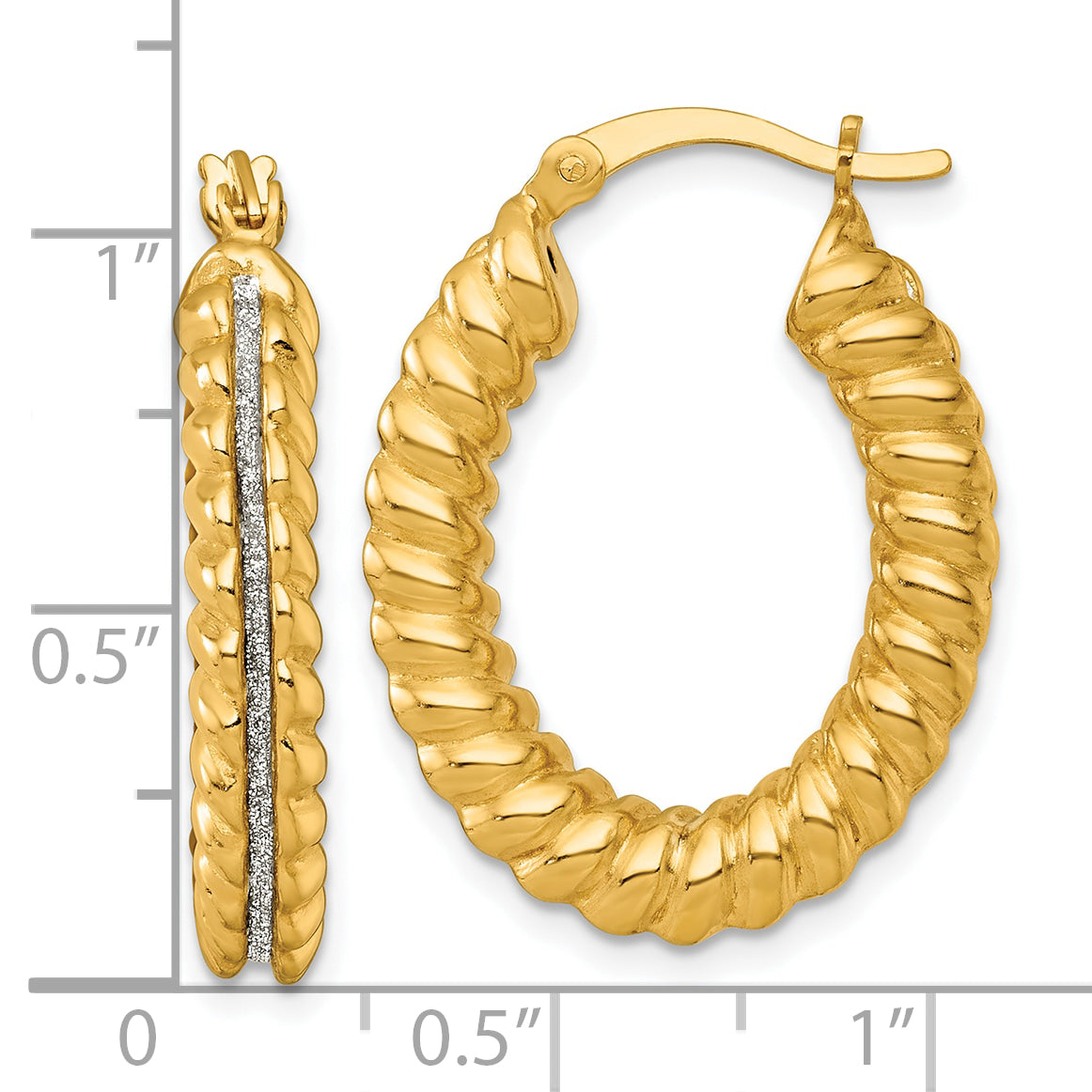 Sterling Silver Gold-tone Polished and Twisted Glitter Oval Hoop Earrings