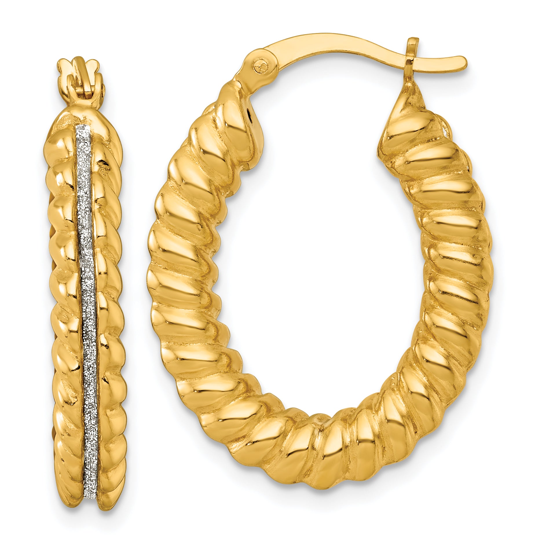 Sterling Silver Gold-tone Polished and Twisted Glitter Oval Hoop Earrings Main image