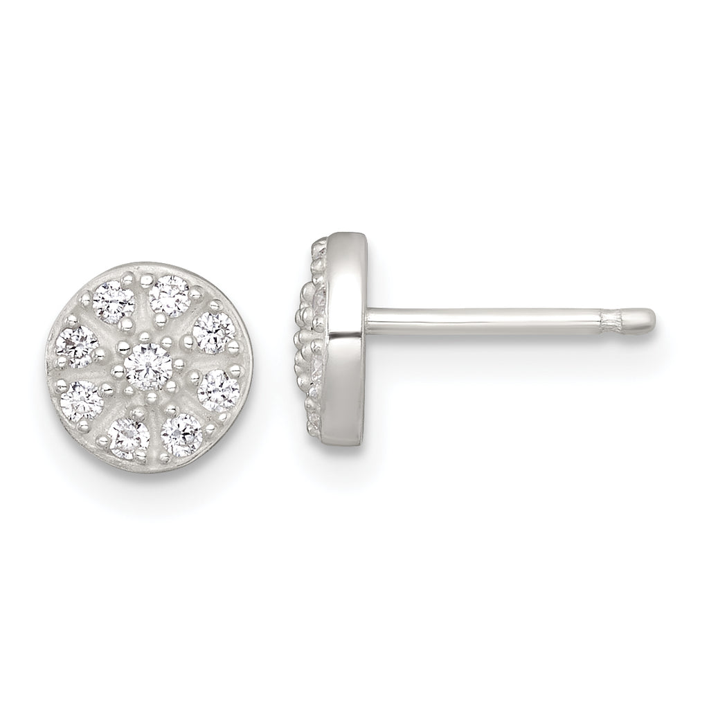 Sterling Silver Polished White CZ Cluster 7.00mm Circle Post Earrings