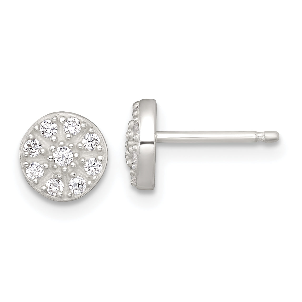 Sterling Silver Polished White CZ Cluster 7.00mm Circle Post Earrings