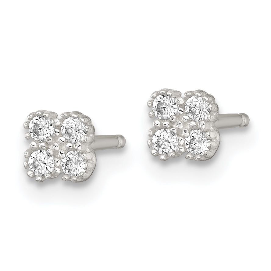Sterling Silver Polished Textured White CZ 4.3mm Quatrefoil Post Earrings Secondary image