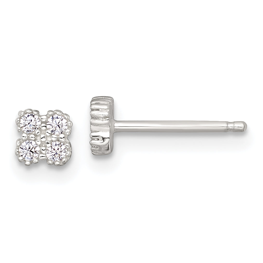 Sterling Silver Polished Textured White CZ 4.3mm Quatrefoil Post Earrings