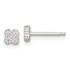 Sterling Silver Polished Textured White CZ 4.3mm Quatrefoil Post Earrings