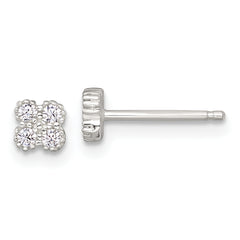 Sterling Silver Polished Textured White CZ 4.3mm Quatrefoil Post Earrings
