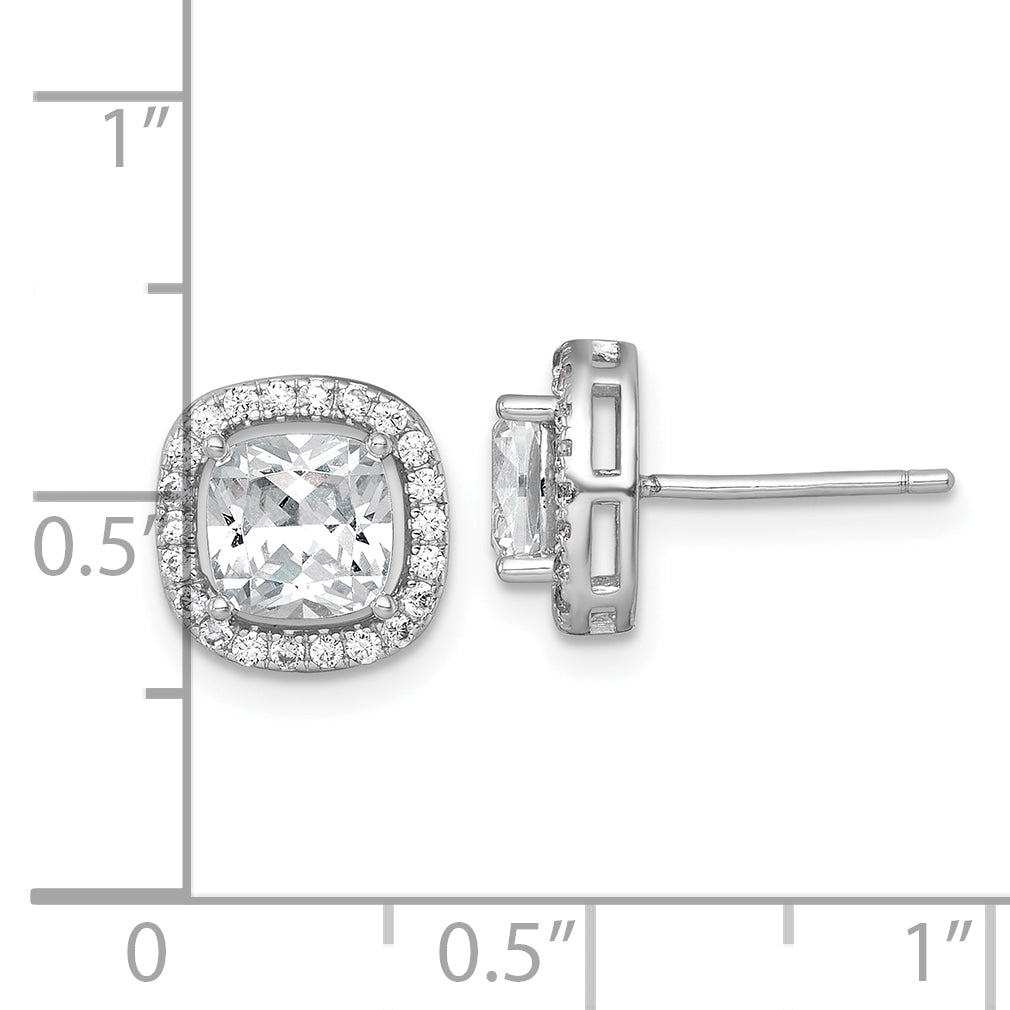 Sterling Silver Rhodium-plated Polished 10.0mm Cushion CZ Halo Post Earrings