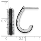 Sterling Silver Rhodium-plated CZ with Black Enamel J-Hoop Post Earrings