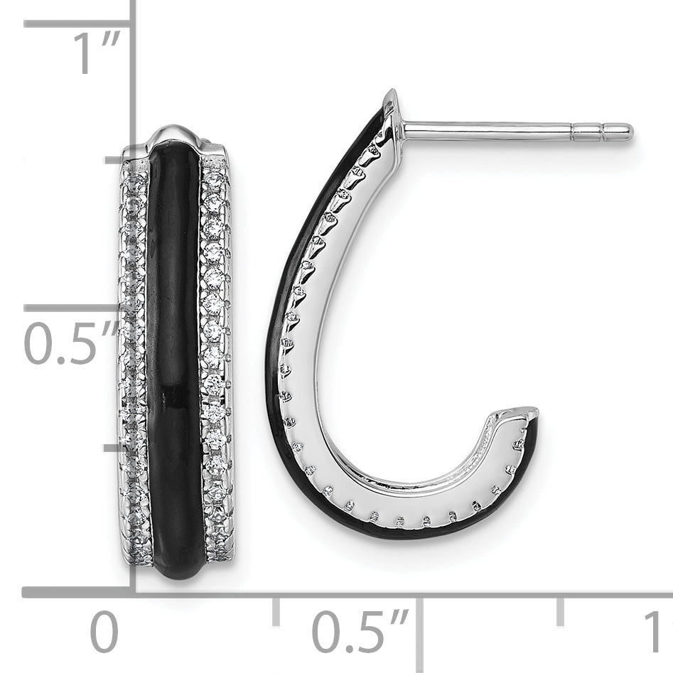 Sterling Silver Rhodium-plated CZ with Black Enamel J-Hoop Post Earrings