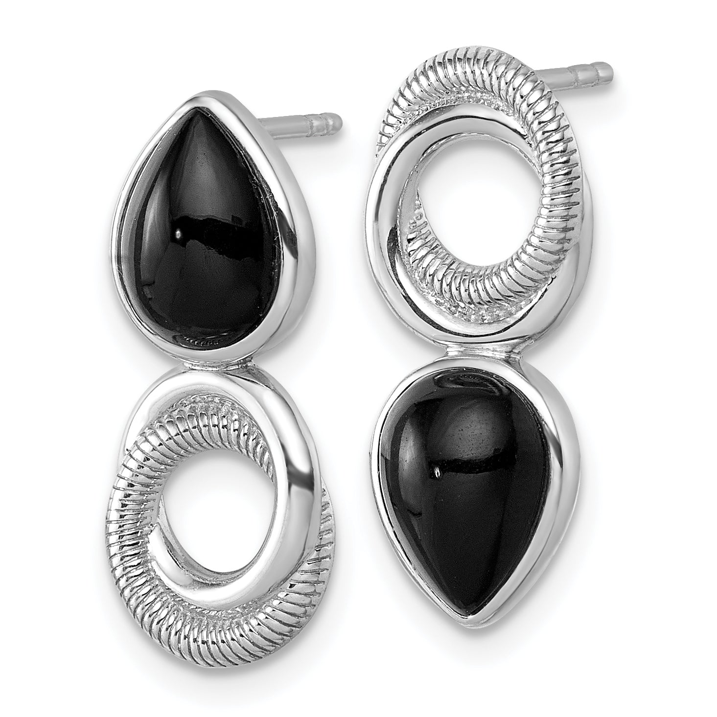 Sterling Silver Rhodium-plated Polished Black Agate Teardrop and Circle Mis-Matched Post Earrings Secondary image