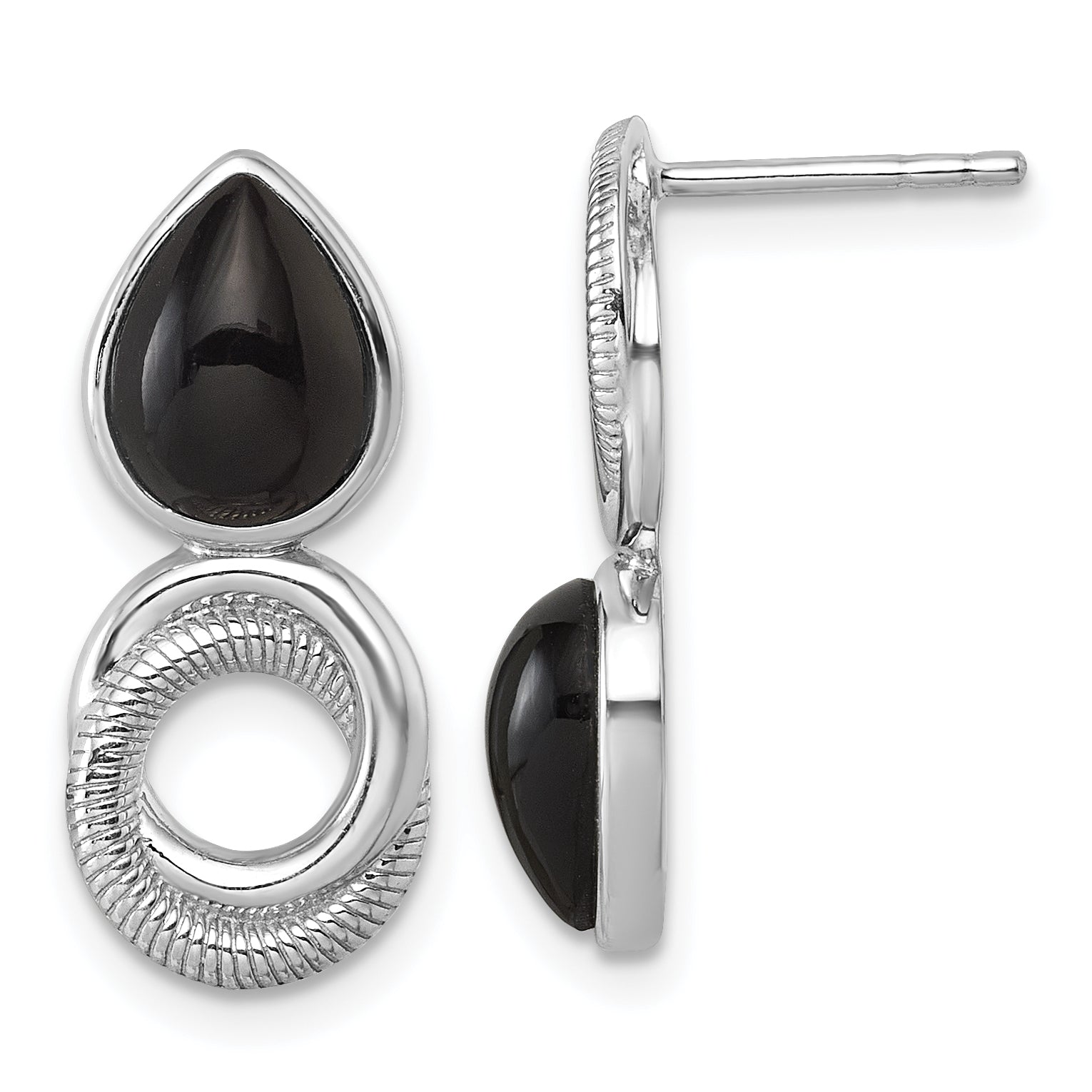 Sterling Silver Rhodium-plated Polished Black Agate Teardrop and Circle Mis-Matched Post Earrings
