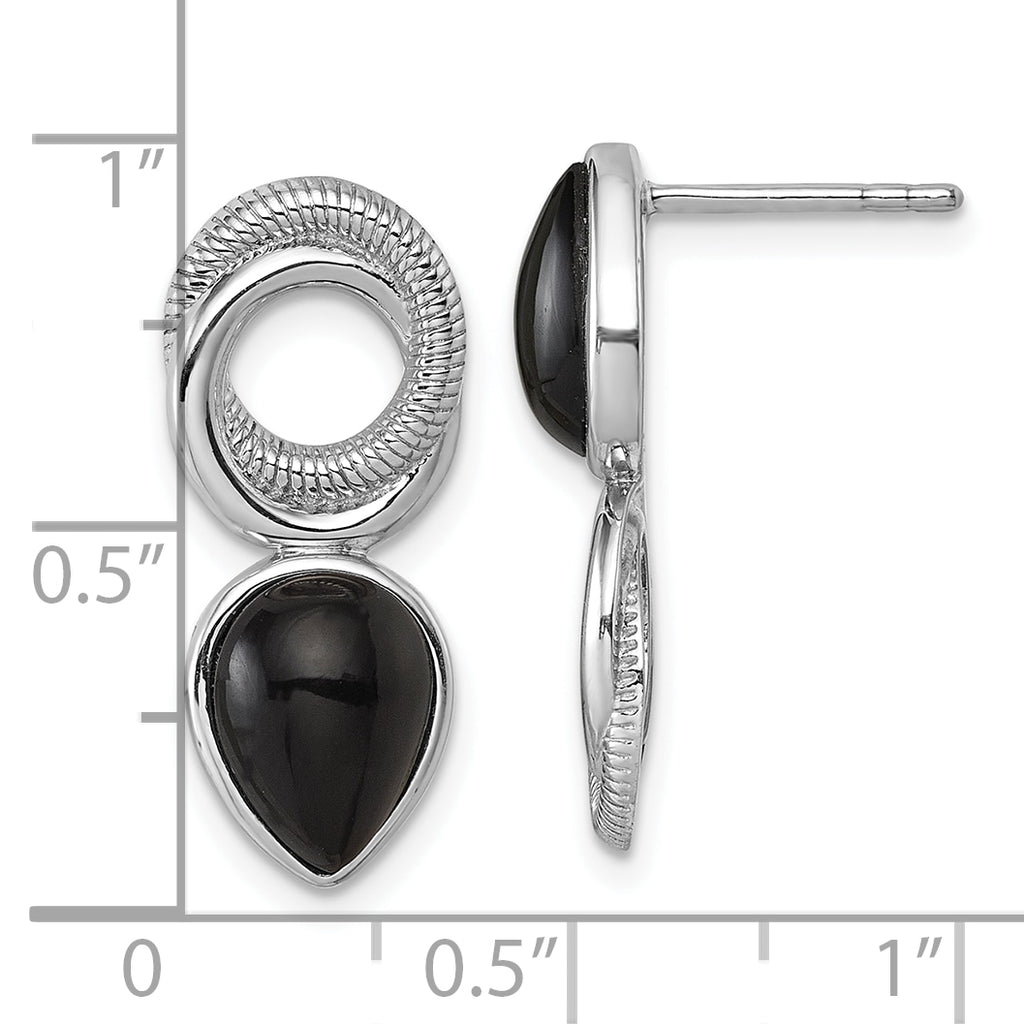 Sterling Silver Rhodium-plated Polished Black Agate Teardrop and Circle Mis-Matched Post Earrings