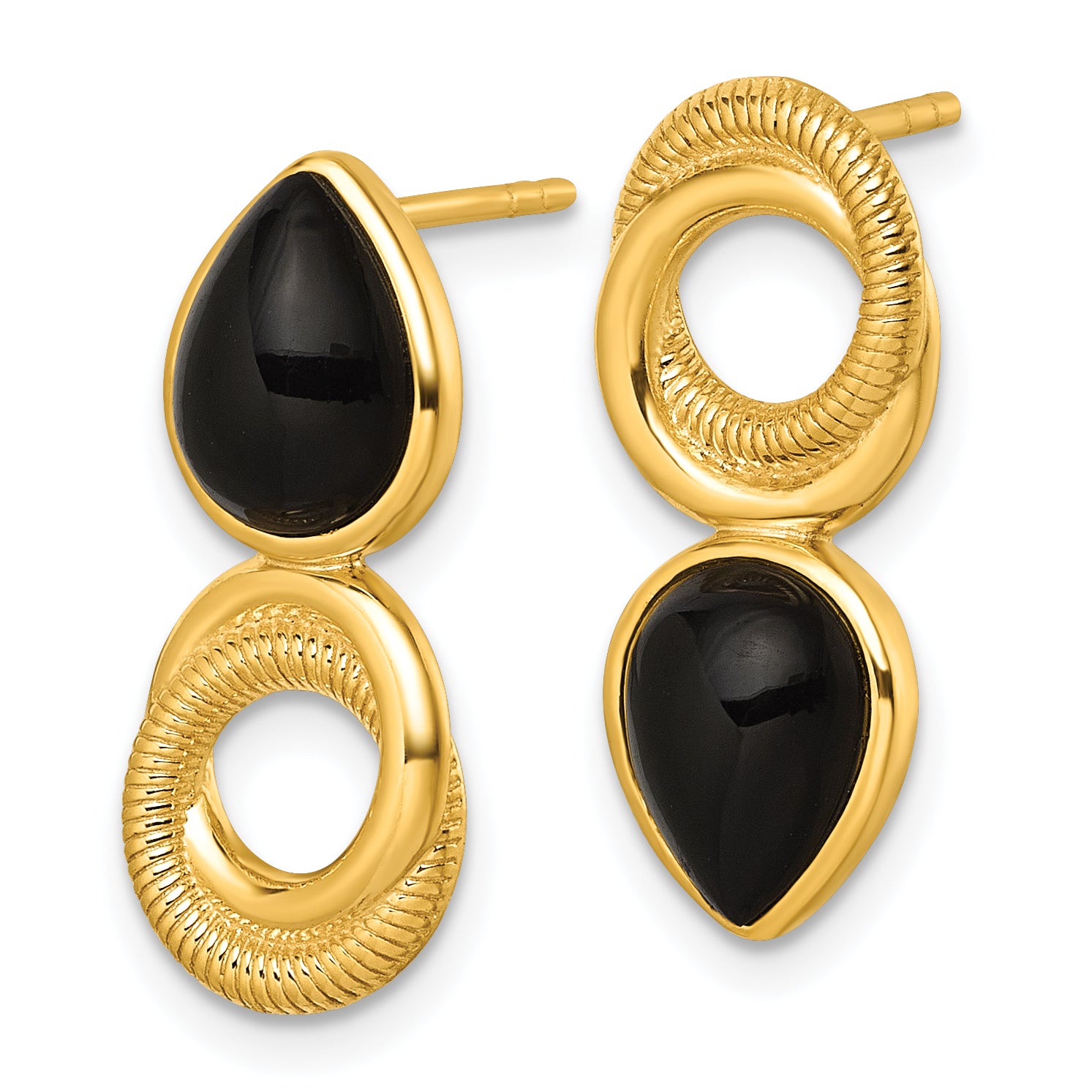 Sterling Silver Gold-tone Polished Black Agate Teardrop and Circle Mis-Matched Post Earrings Secondary image