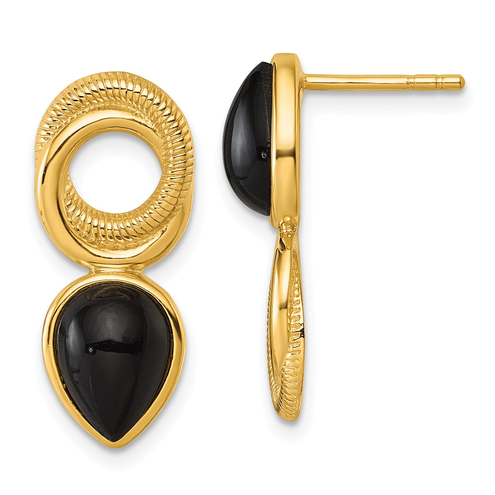 Sterling Silver Gold-tone Polished Black Agate Teardrop and Circle Mis-Matched Post Earrings Main image
