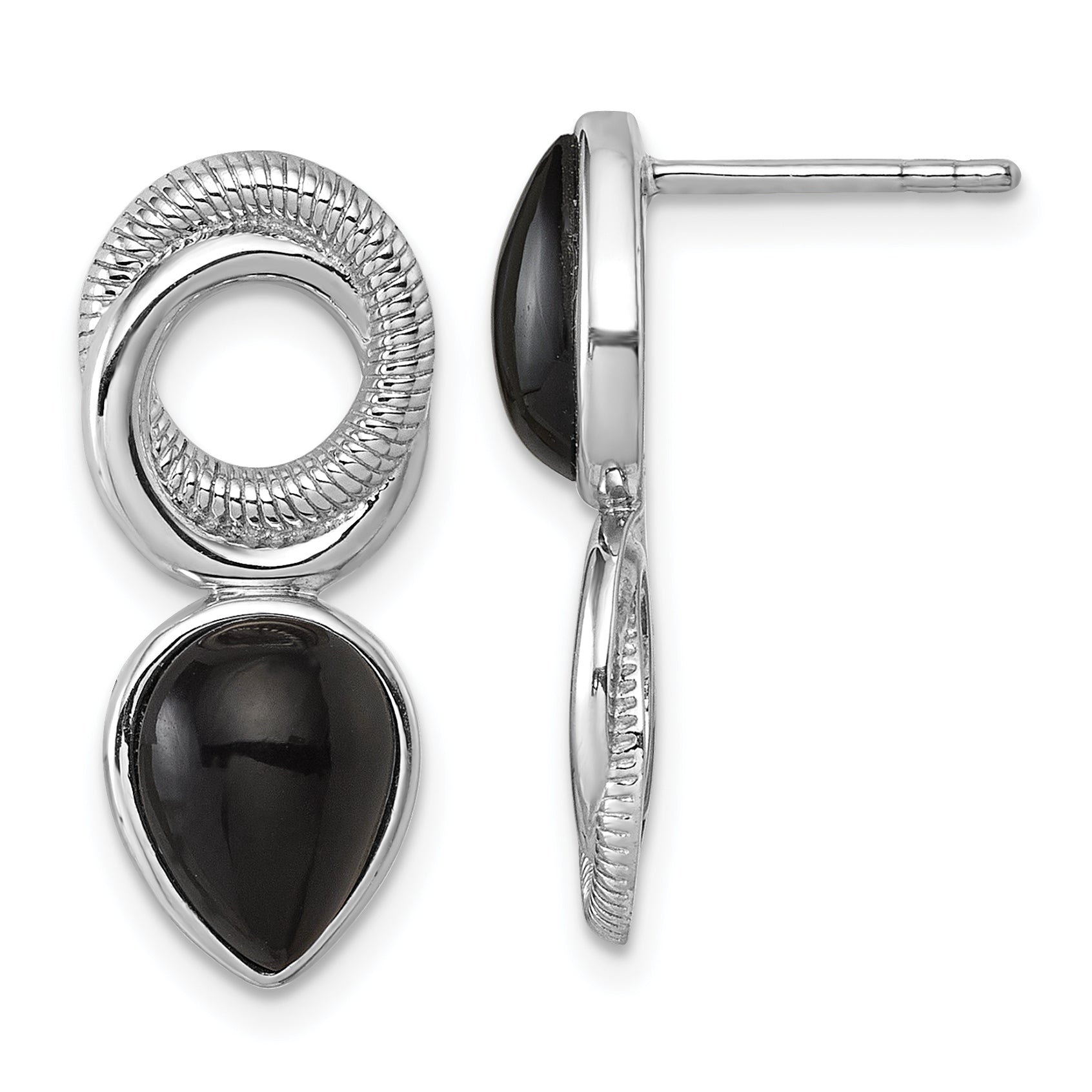 Sterling Silver Rhodium-plated Polished Black Agate Teardrop and Circle Mis-Matched Post Earrings Main image