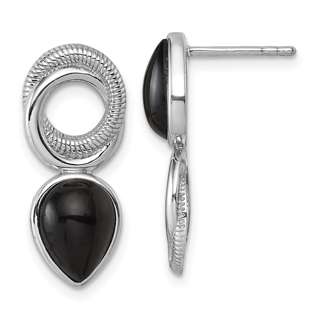 Sterling Silver Rhodium-plated Polished Black Agate Teardrop and Circle Mis-Matched Post Earrings