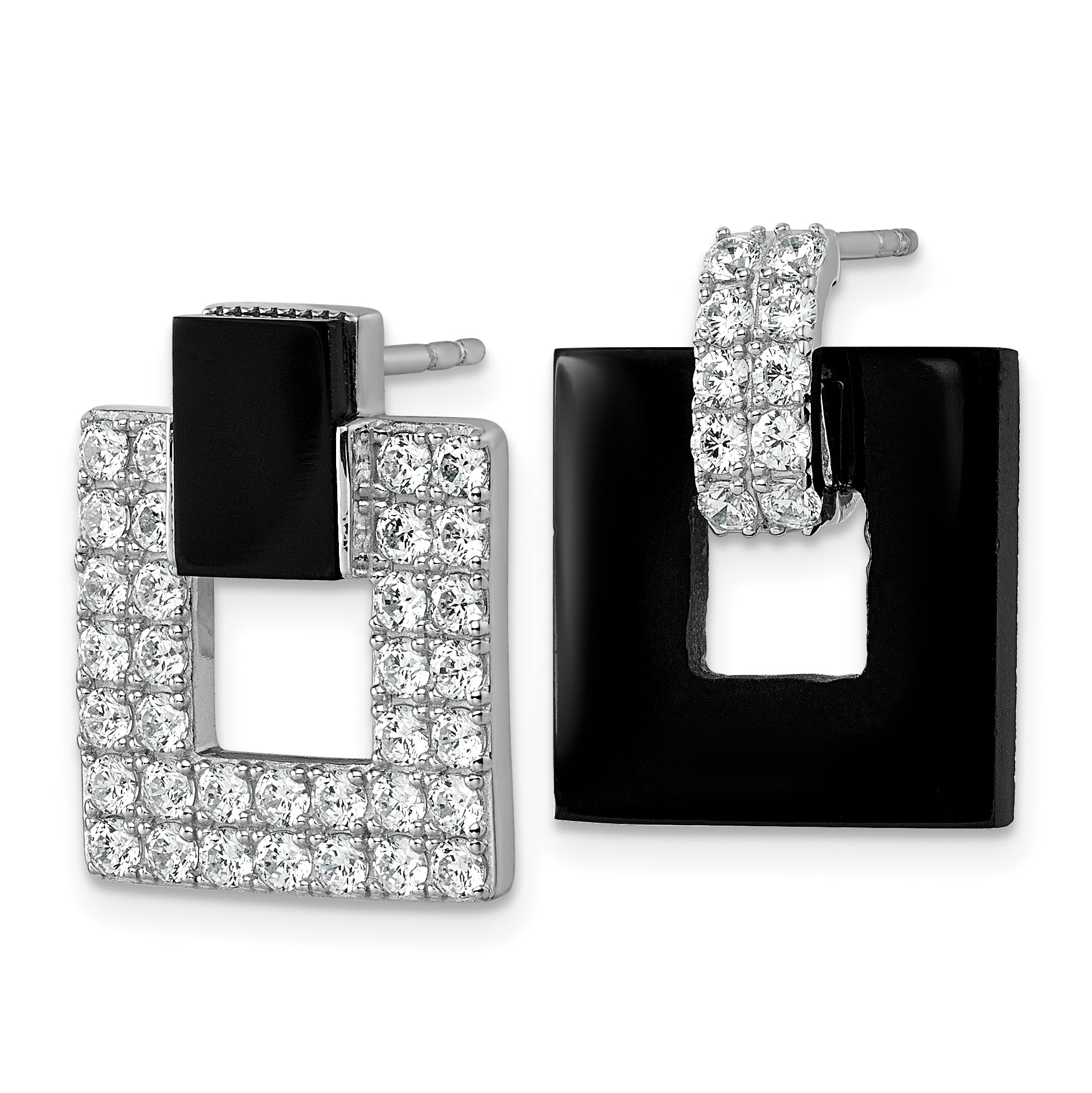 Sterling Silver Rhodium-plated Polished CZ  and Black Agate Square Dangle Mis-Matched Post Earrings