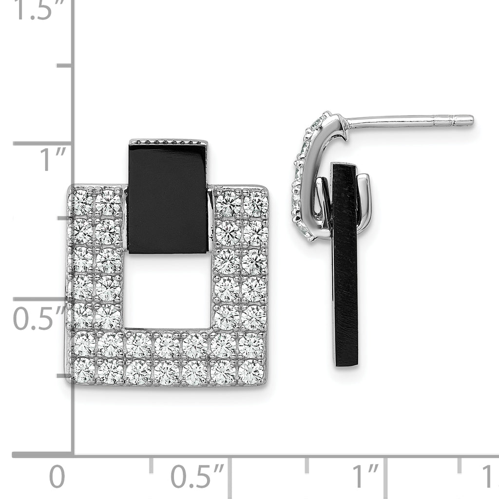 Sterling Silver Rhodium-plated Polished CZ  and Black Agate Square Dangle Mis-Matched Post Earrings