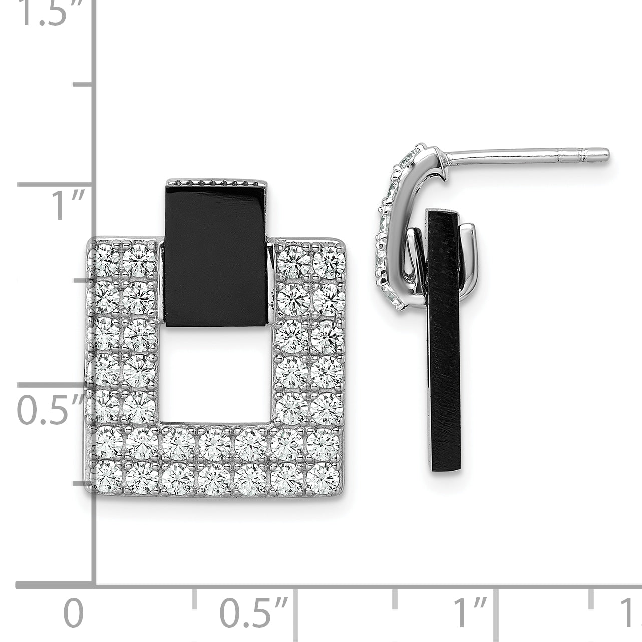 Sterling Silver Rhodium-plated Polished CZ  and Black Agate Square Dangle Mis-Matched Post Earrings