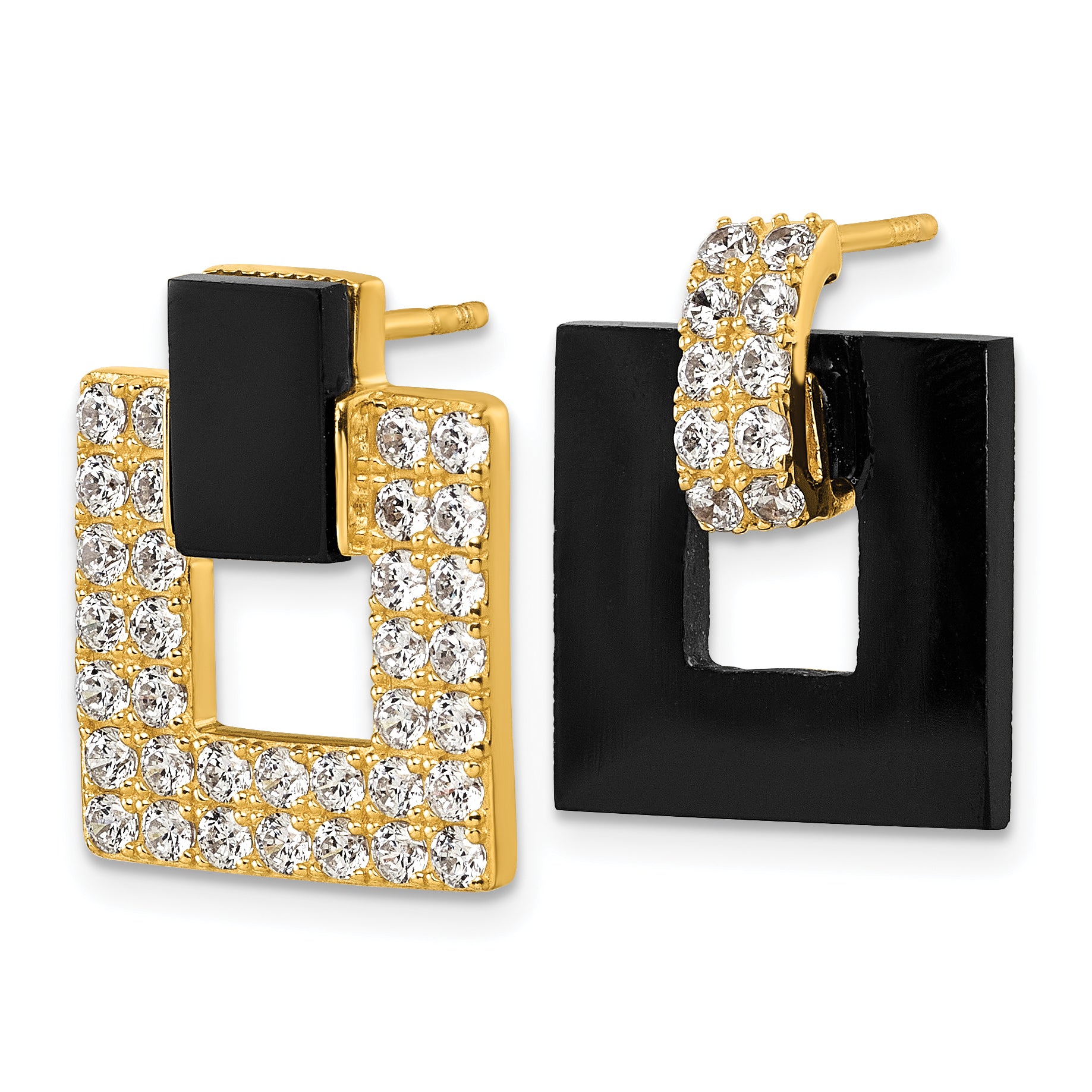 Sterling Silver Gold-tone Polished CZ and Black Agate Square Dangle Mis-Matched Post Earrings Secondary image