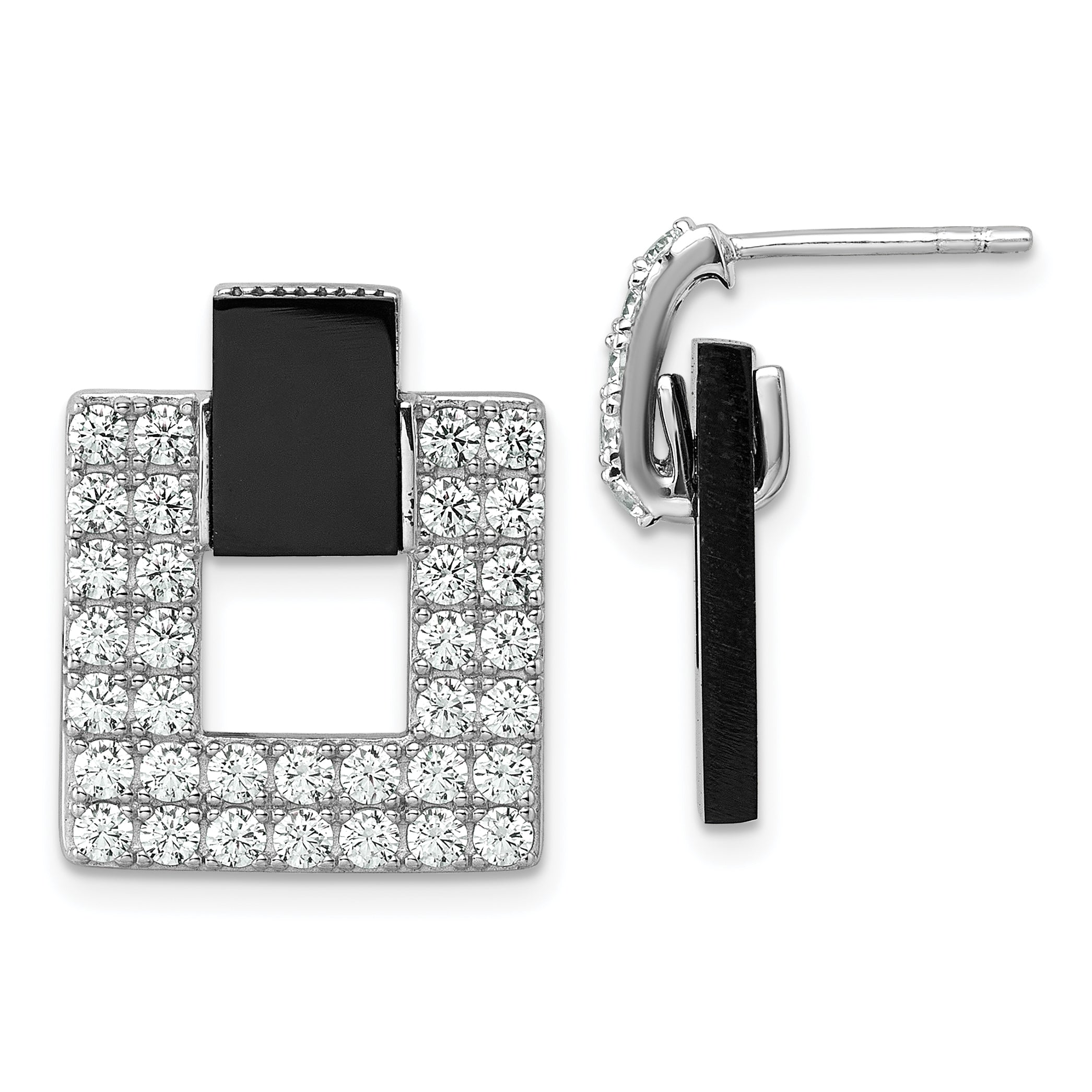 Sterling Silver Rhodium-plated Polished CZ  and Black Agate Square Dangle Mis-Matched Post Earrings Main image
