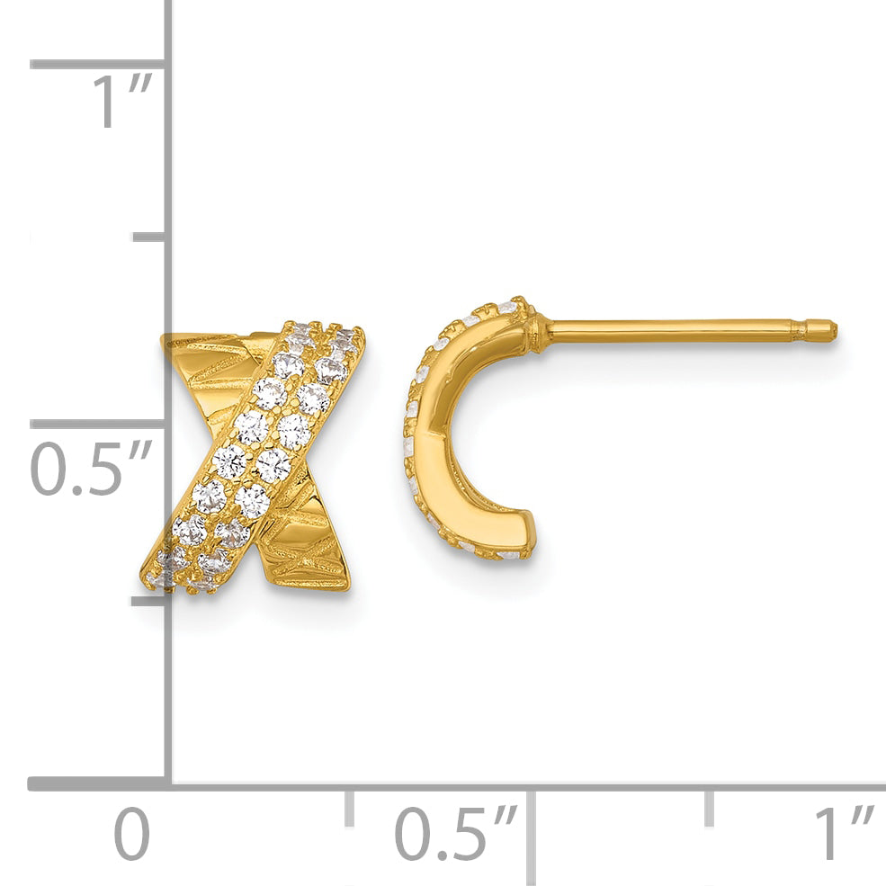 Sterling Silver Gold-tone Polished and Grooved -X- CZ Post Earrings