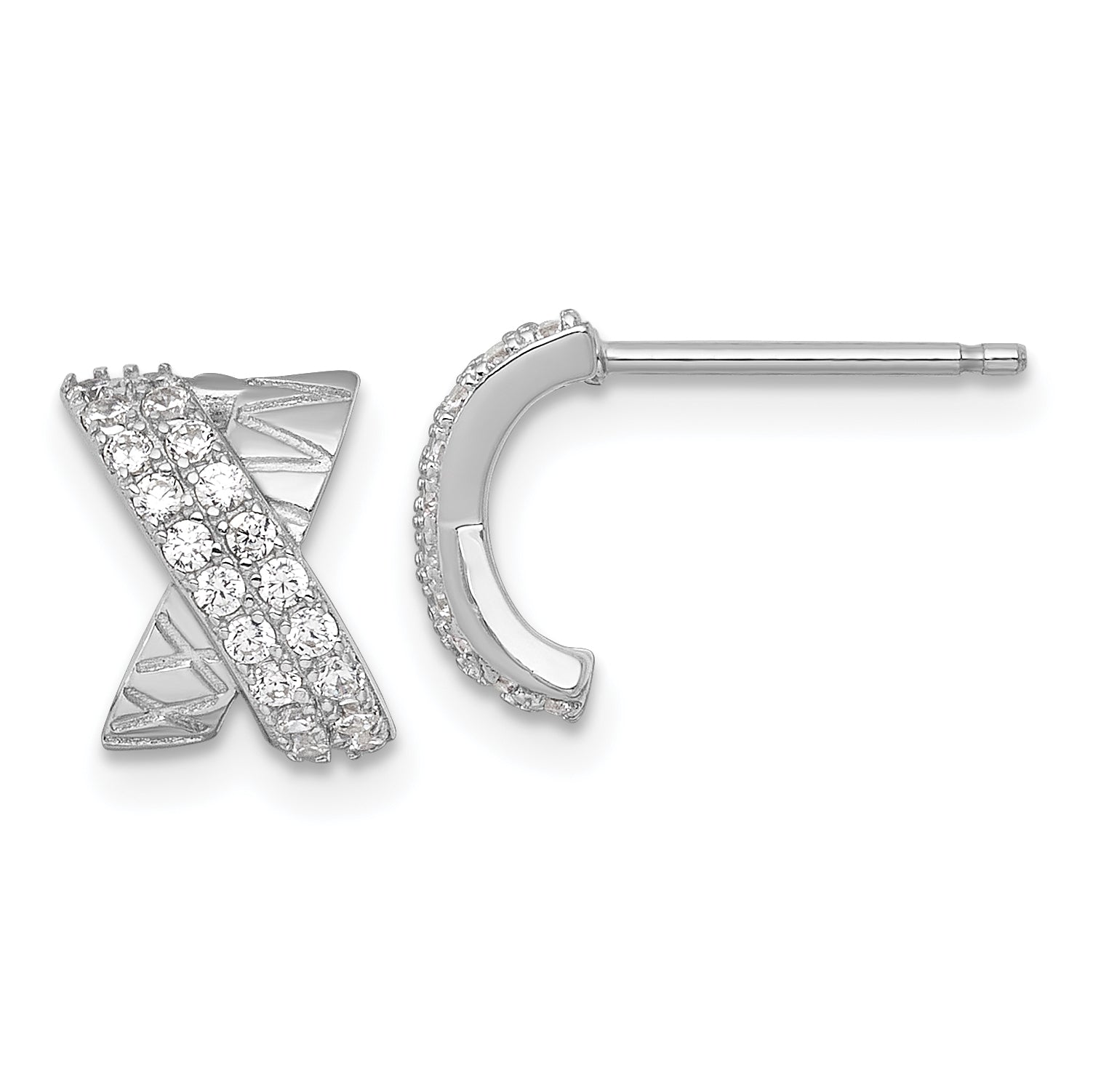 Sterling Silver Rhodium-plated Polished and Grooved -X- CZ Post Earrings Main image