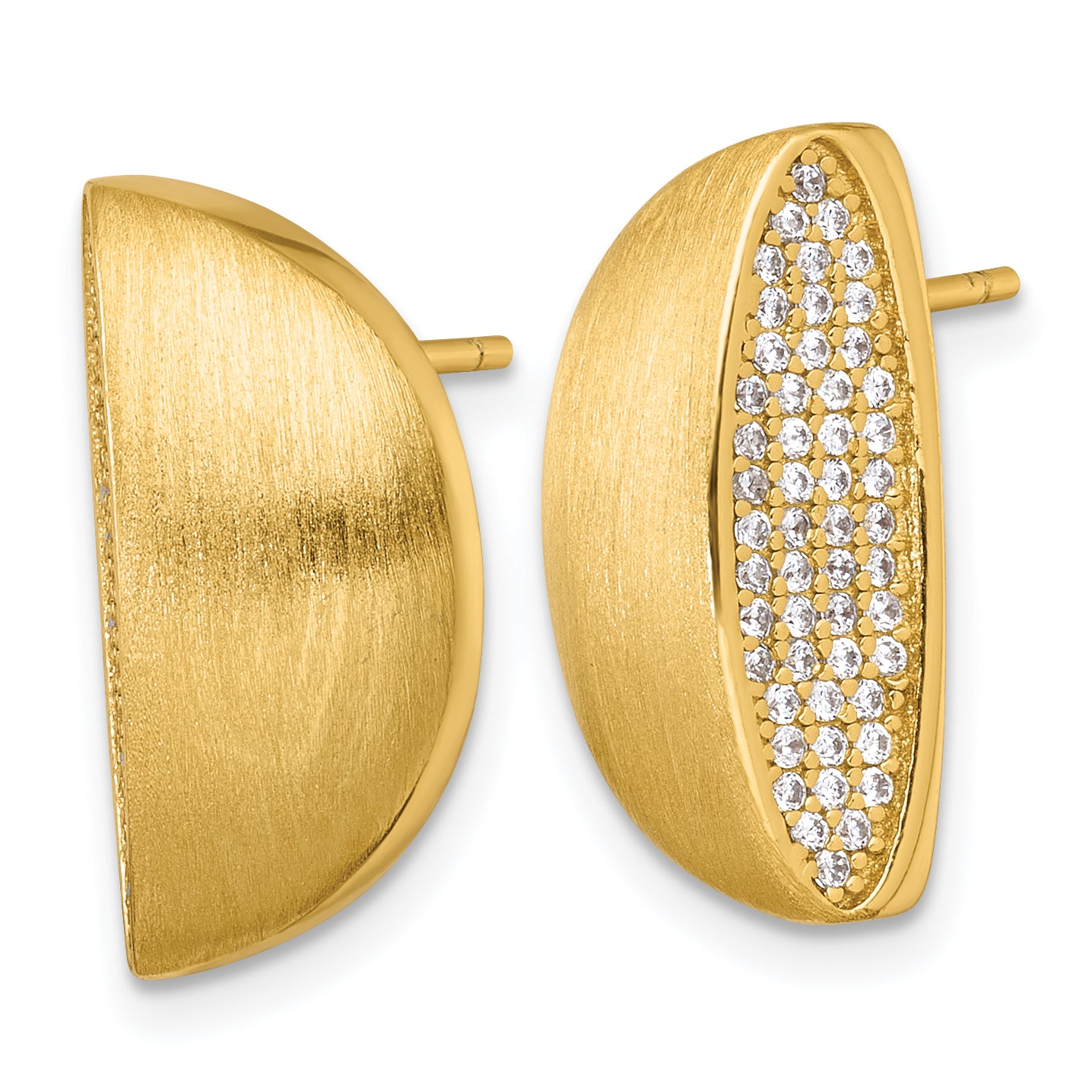 Sterling Silver Gold-tone Polished and Brushed Pave CZ Half Circle Post Earrings Secondary image