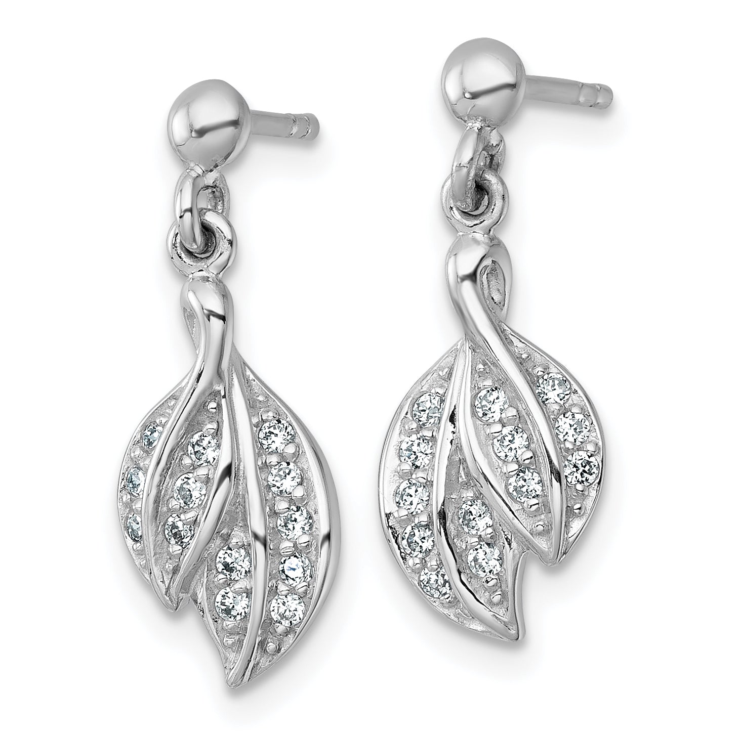Sterling Silver Rhodium-plated Polished CZ Leaf Dangle Post Earrings Secondary image
