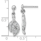 Sterling Silver Rhodium-plated Polished CZ Leaf Dangle Post Earrings