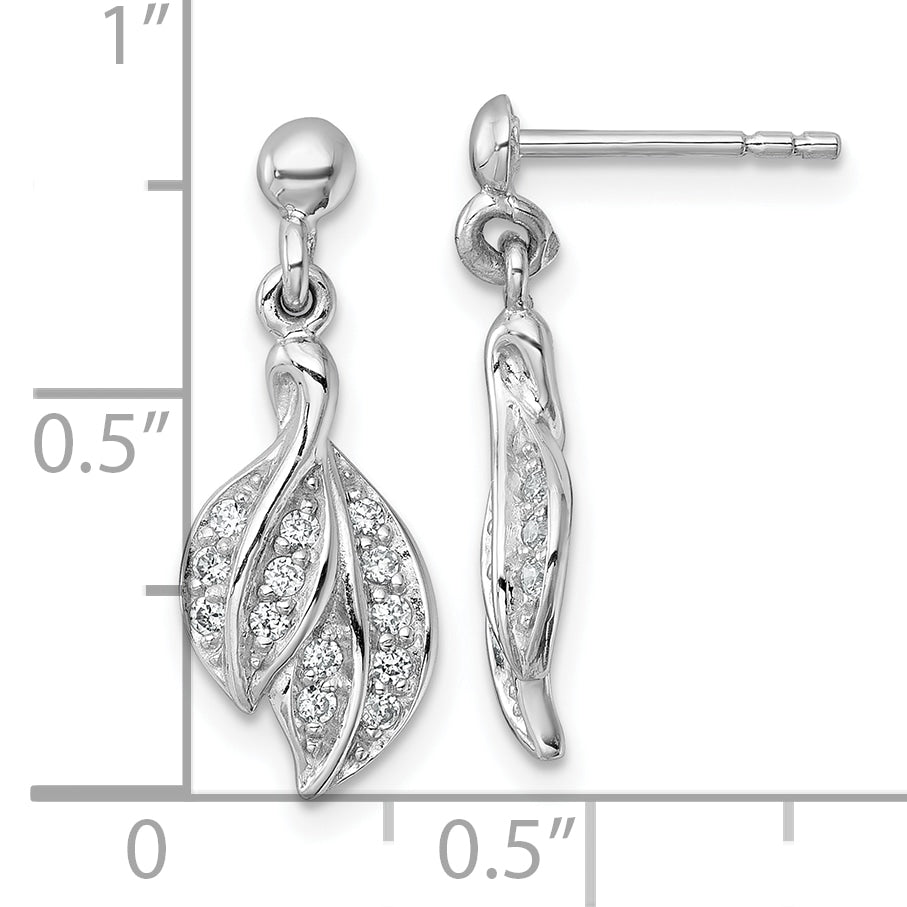 Sterling Silver Rhodium-plated Polished CZ Leaf Dangle Post Earrings