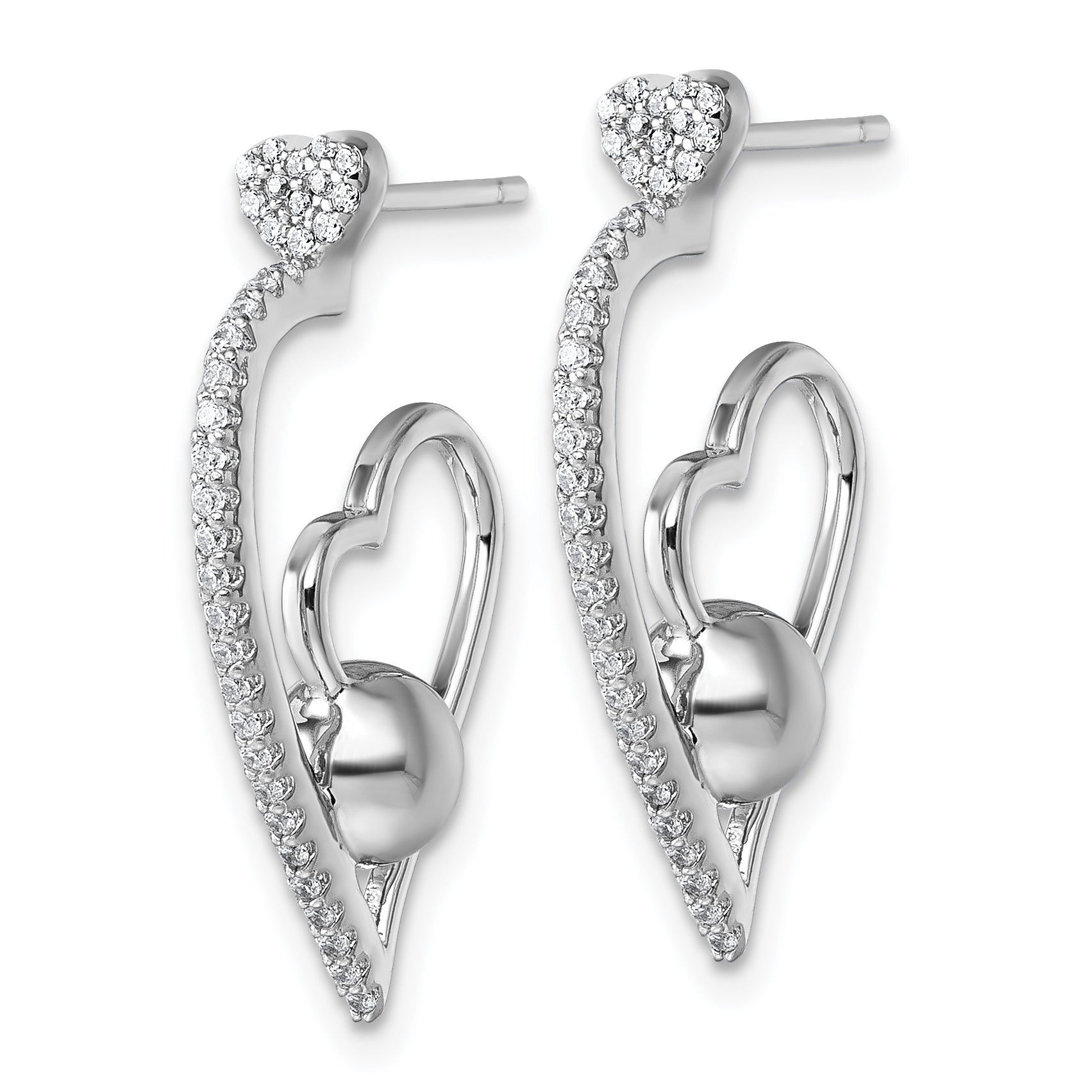 Sterling Silver Rhodium-plated CZ Polished Heart and Bead Post Earrings