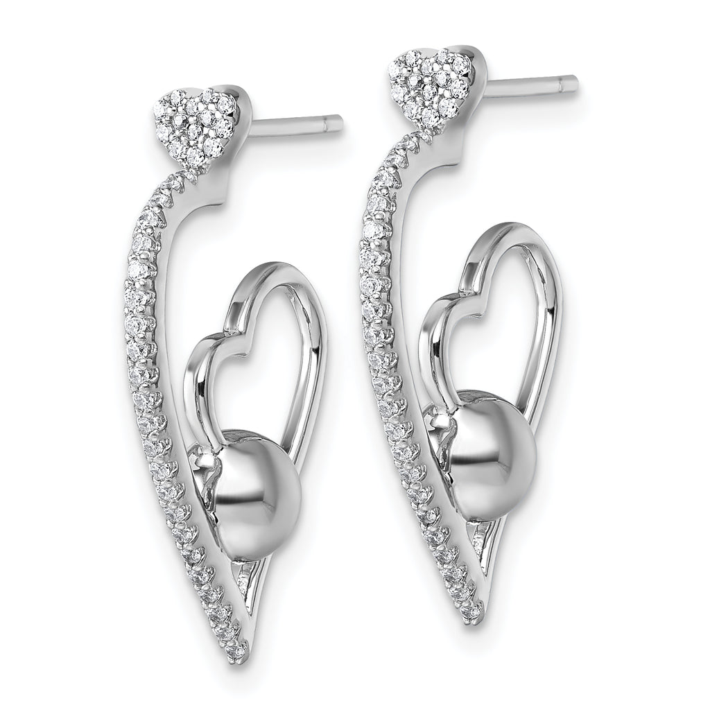 Sterling Silver Rhodium-plated CZ Polished Heart and Bead Post Earrings