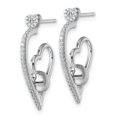 Sterling Silver Rhodium-plated CZ Polished Heart and Bead Post Earrings