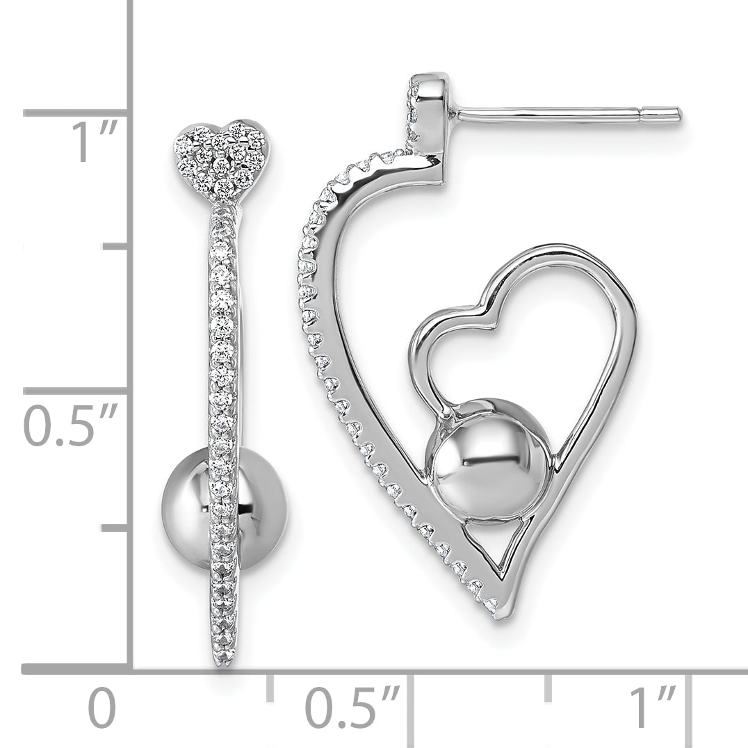 Sterling Silver Rhodium-plated CZ Polished Heart and Bead Post Earrings