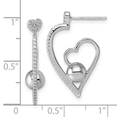Sterling Silver Rhodium-plated CZ Polished Heart and Bead Post Earrings