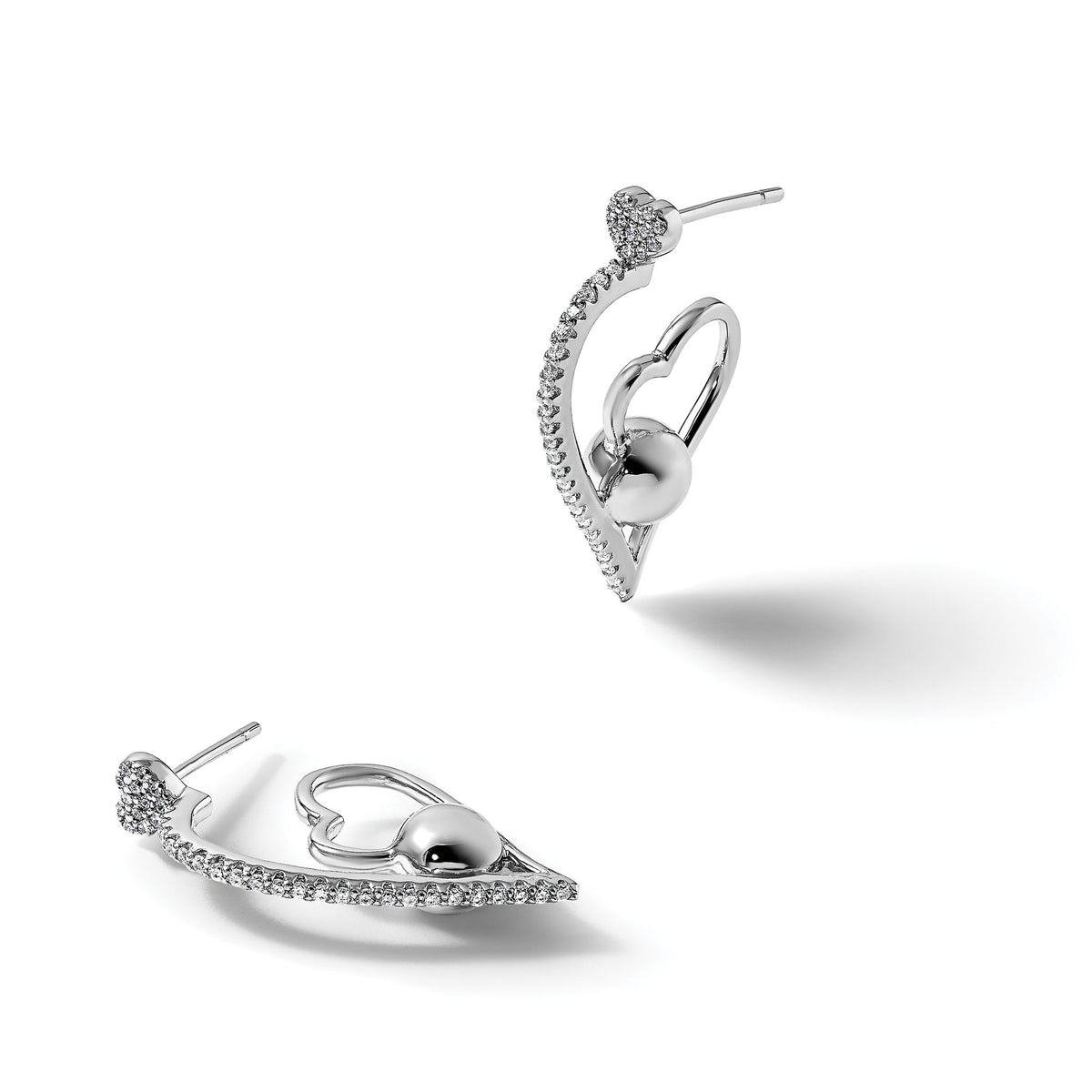Cubic Zirconia Heart and Bead Stud Earrings in Sterling Silver, 15.05mm - Sophia Jewelers
