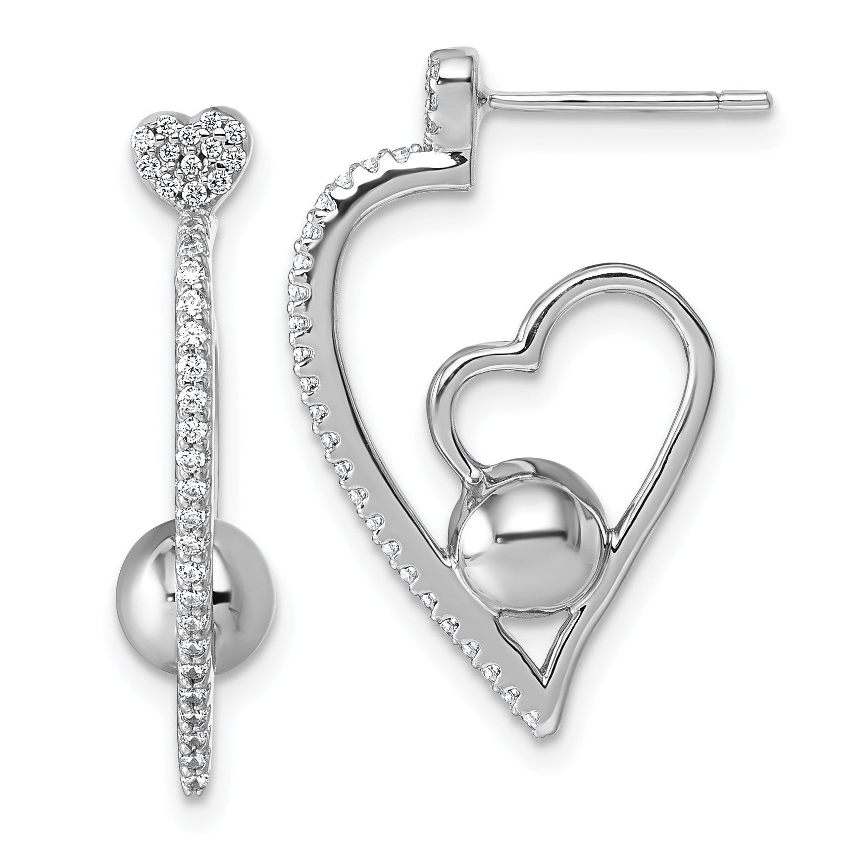 Sterling Silver Rhodium-plated CZ Polished Heart and Bead Post Earrings Main image