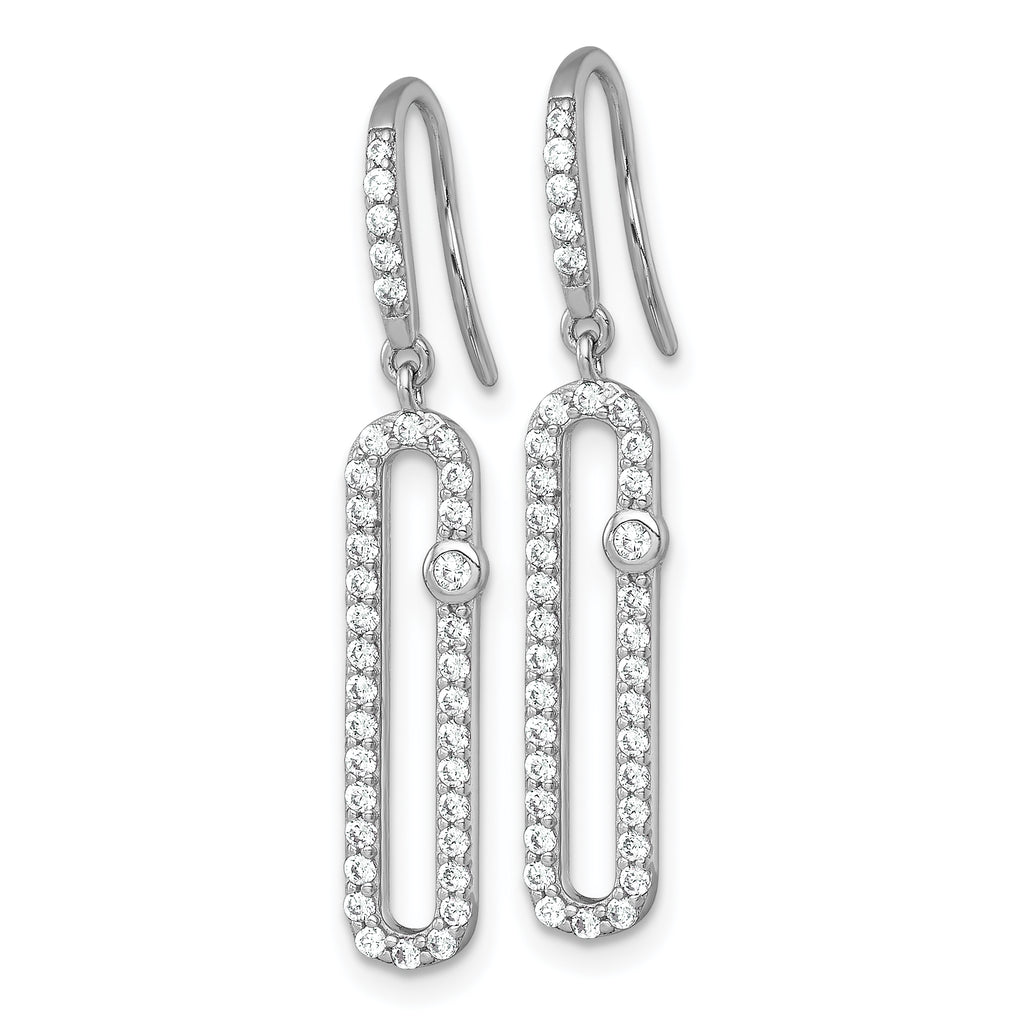 Sterling Silver Rhodium-plated Polished CZ Elongated Link Dangle Shepherd Hook Earrings