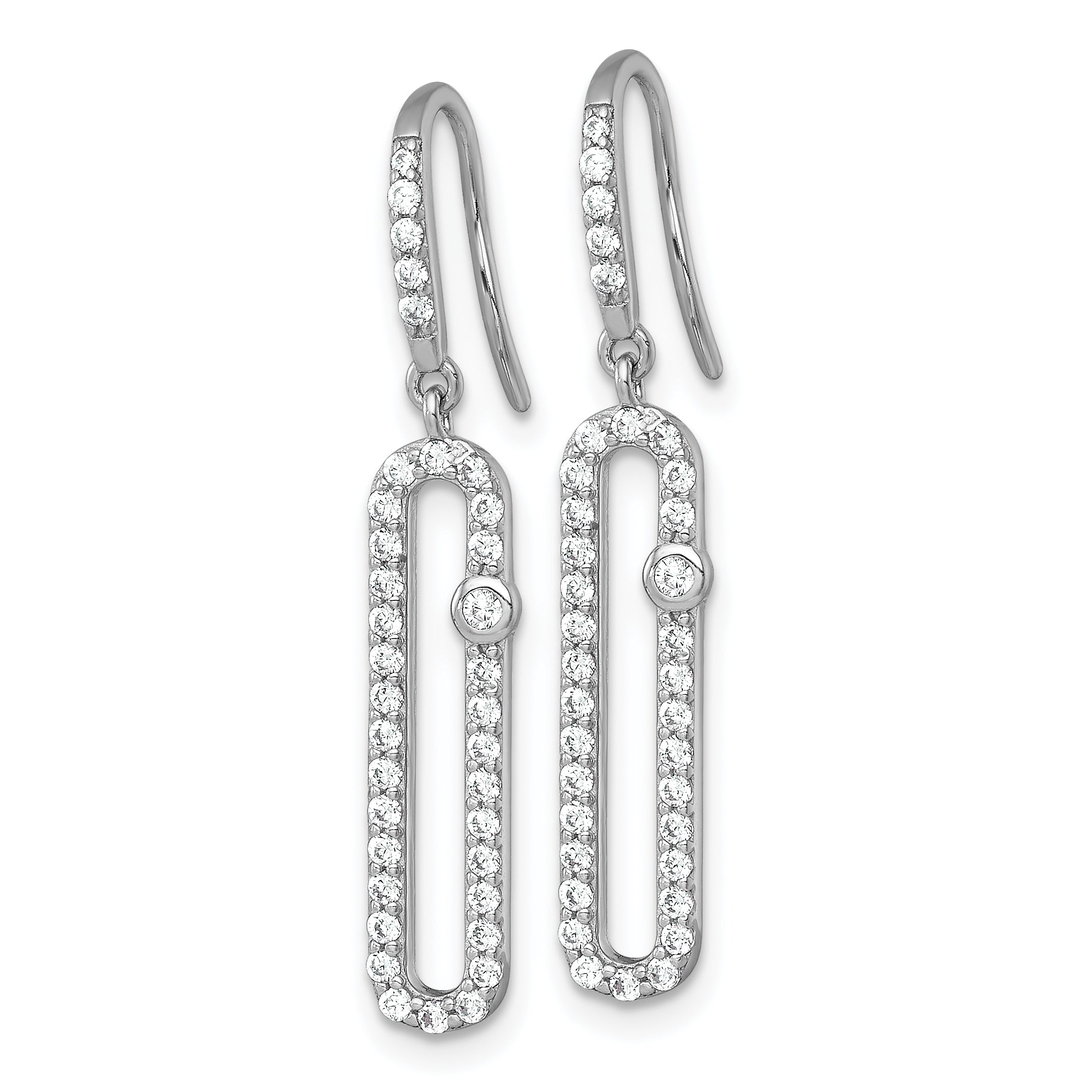 Sterling Silver Rhodium-plated Polished CZ Elongated Link Dangle Shepherd Hook Earrings