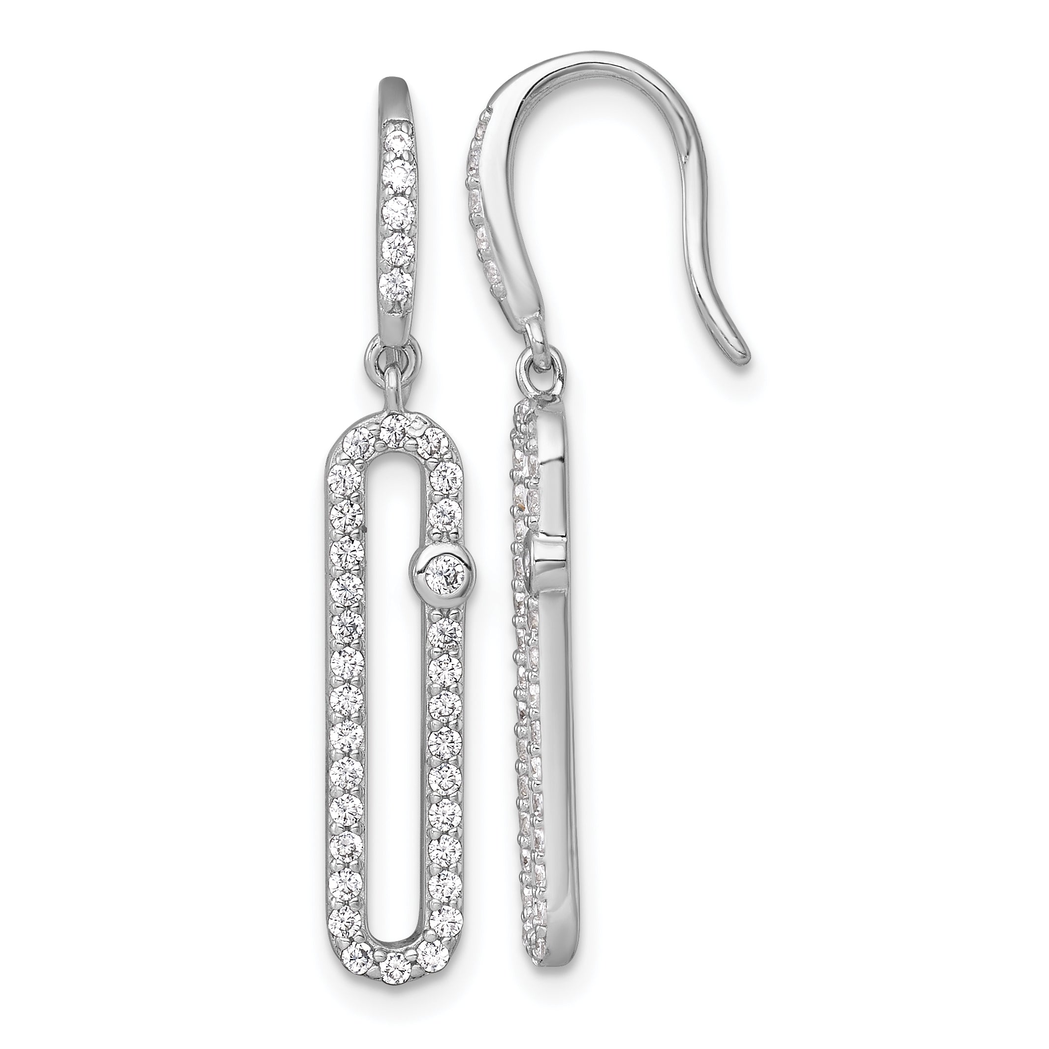 Sterling Silver Rhodium-plated Polished CZ Elongated Link Dangle Shepherd Hook Earrings Main image