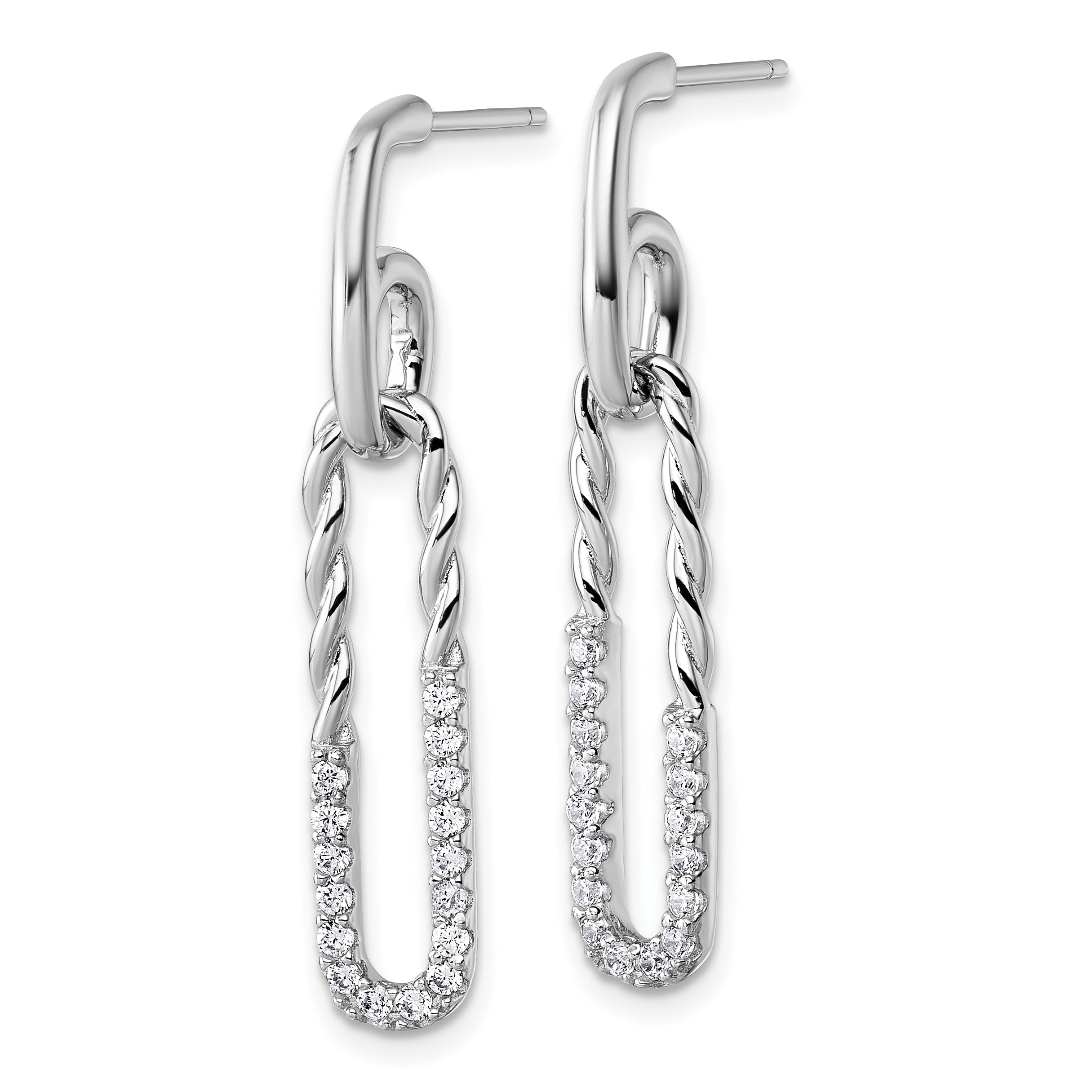 Sterling Silver Rhodium-plated CZ Polished Twisted Paper Clip Dangle Post Earrings Secondary image